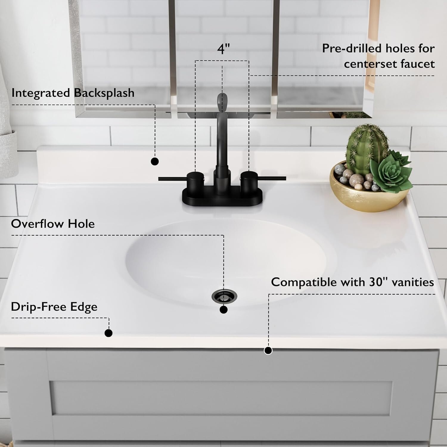 Durable Solid White Cultured Marble Vanity Top 31-Inch with Backsplash