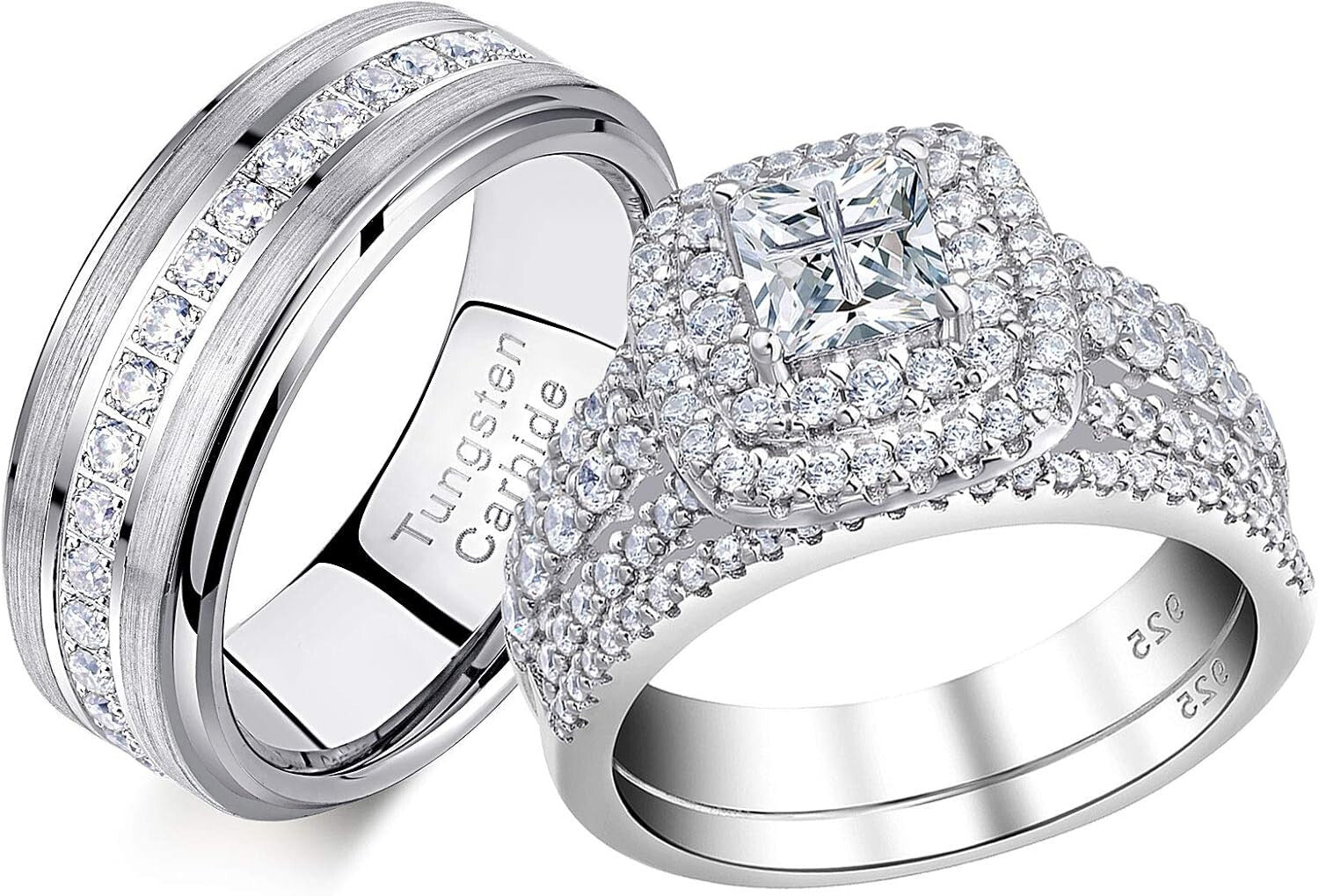 His and Hers Tungsten & Sterling Silver Wedding Ring Set - Gift Ready Packaging