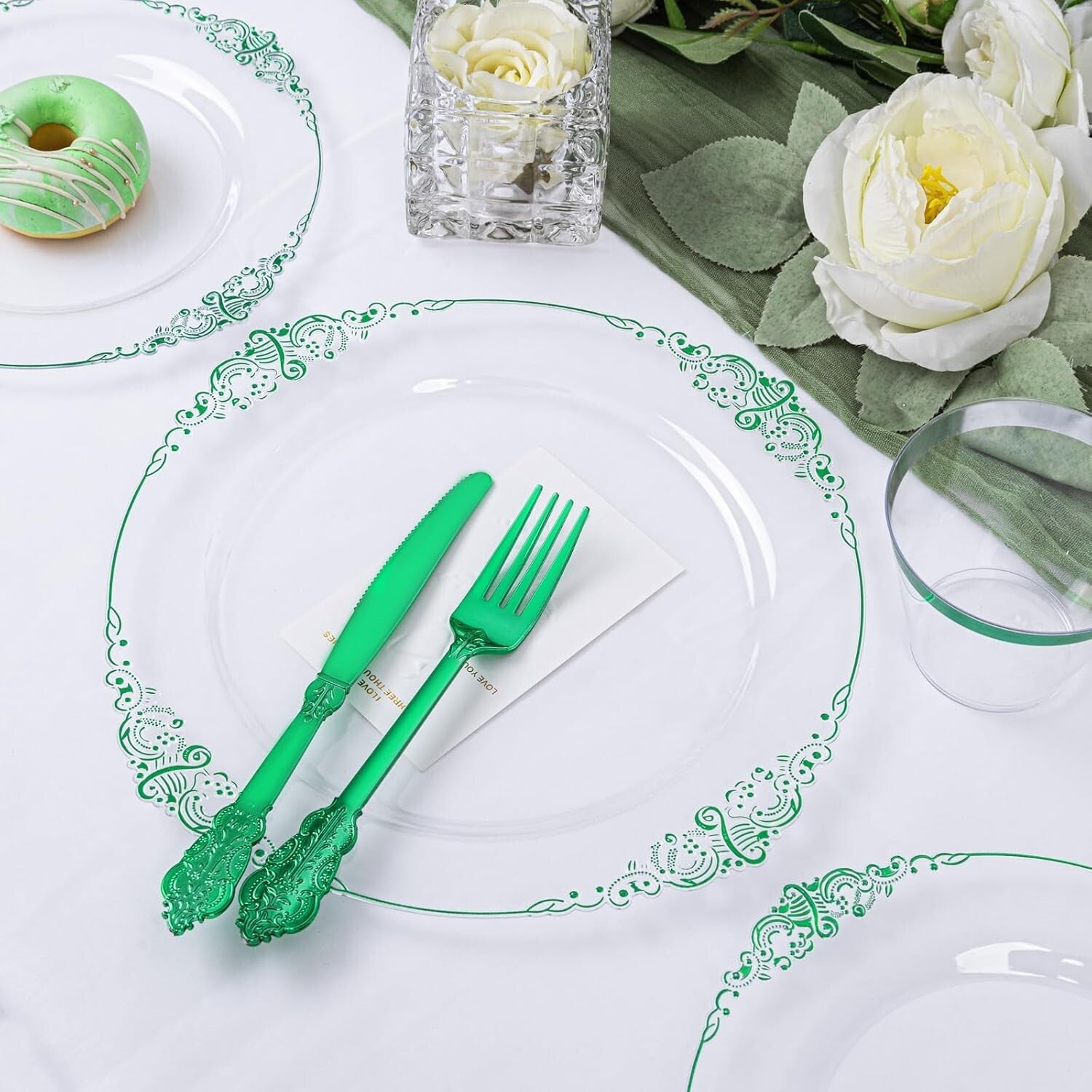 Elegant 175PCS Clear Plate Set with Green Rim - Perfect for St. Patrick's Day