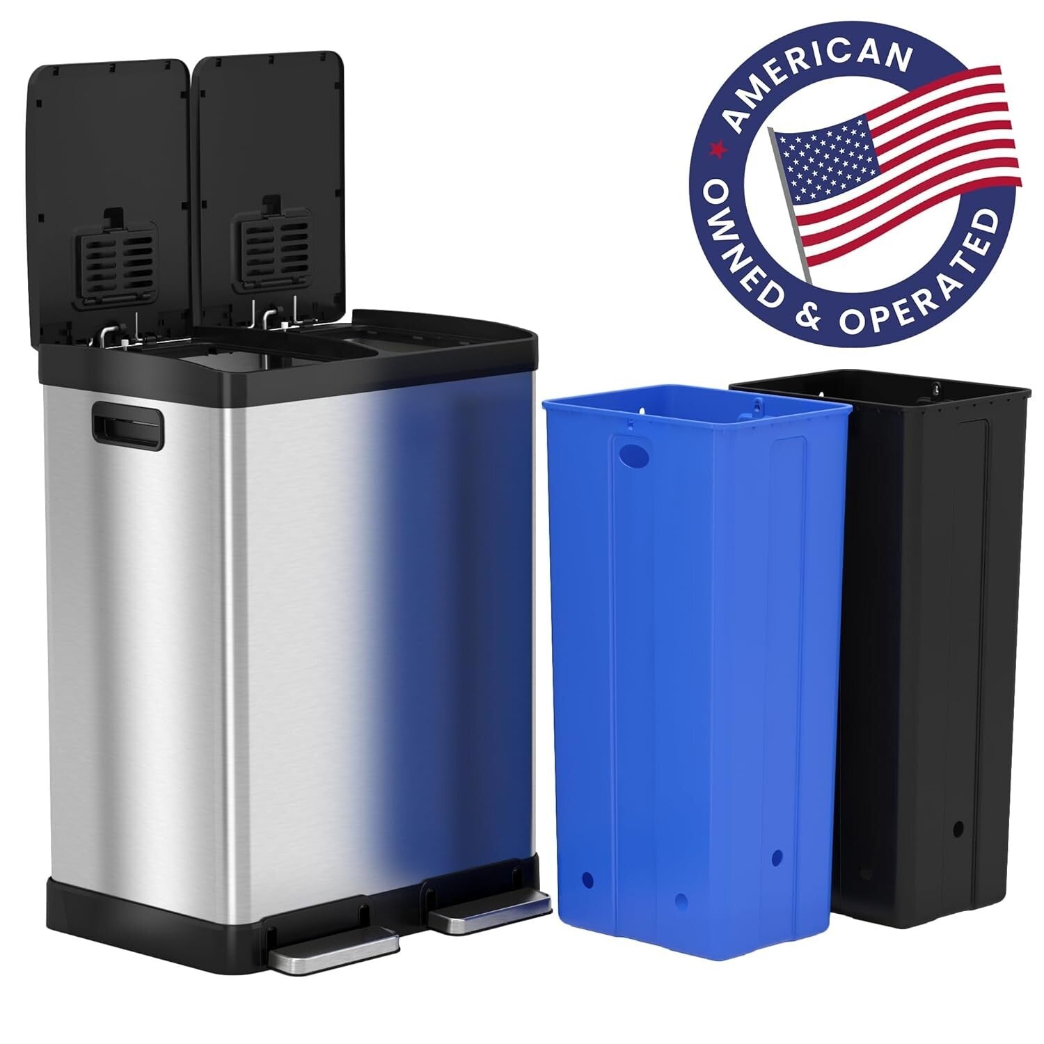 Elegant 16-Gallon Stainless Steel Dual Trash Can & Recycling Bin with Soft-Close