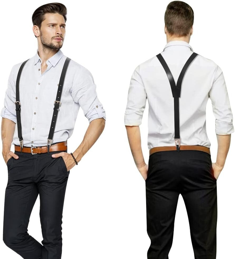 Classic Black Leather Suspenders for Men - Elegant Y Design, 8 Adjustable Sizes