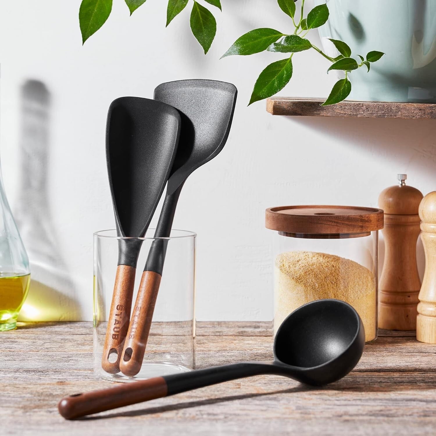 Elegant 3-Piece Kitchen Utensil Set - Multi-Function Silicone with Wood Grip