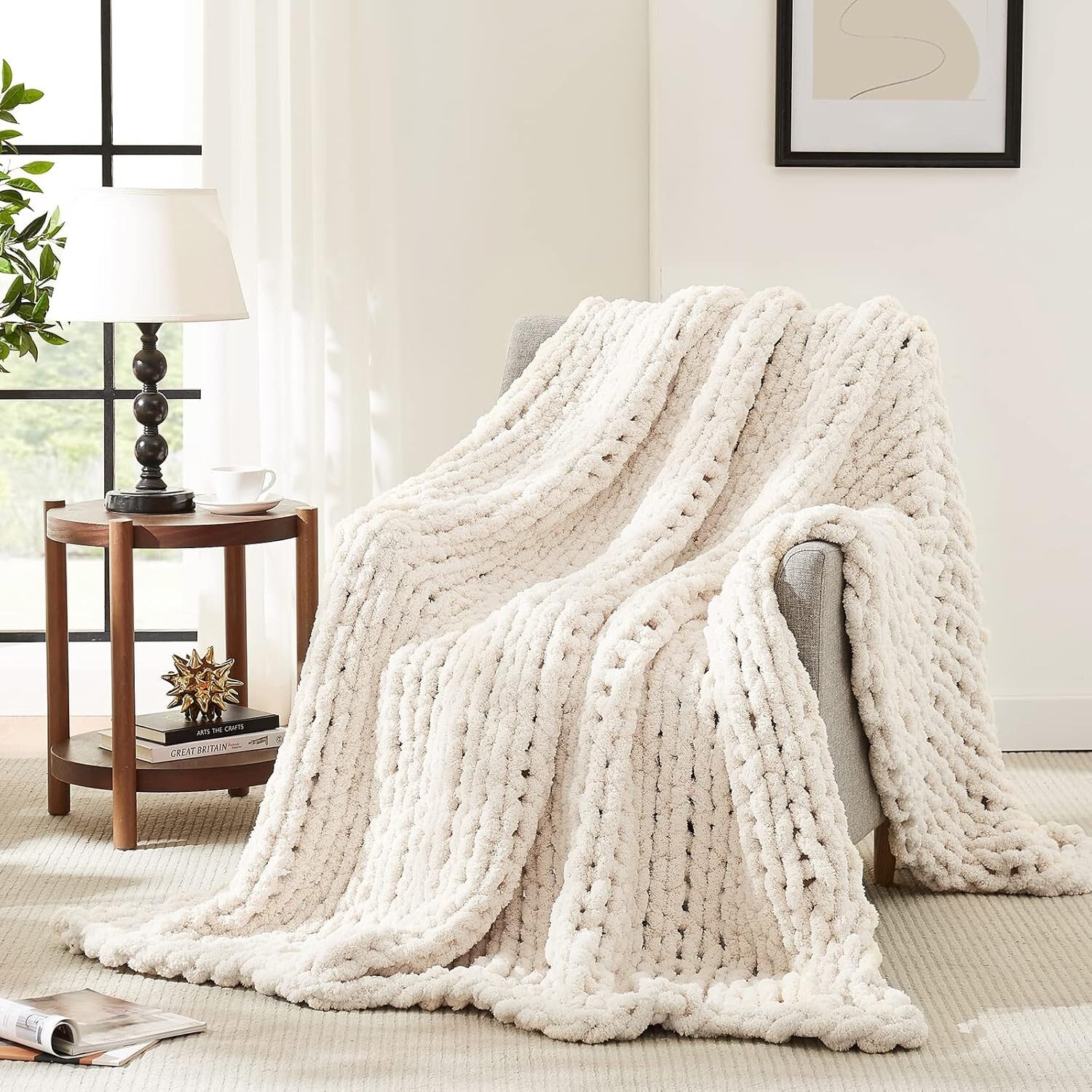 Breathable and Soft Chunky Knit Chenille Throw Blanket - Elegant Ivory 80''x90''
