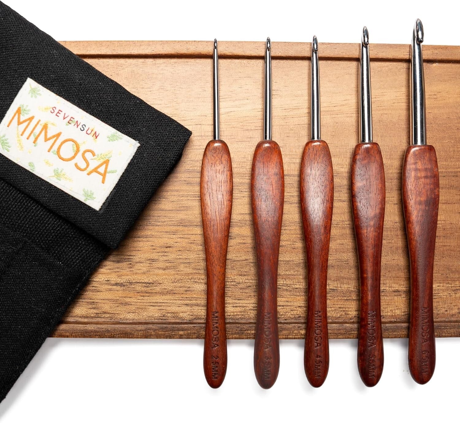 Ergonomic 5-Pack Crochet Hooks with Premium Stainless Steel & Bloodwood Handles