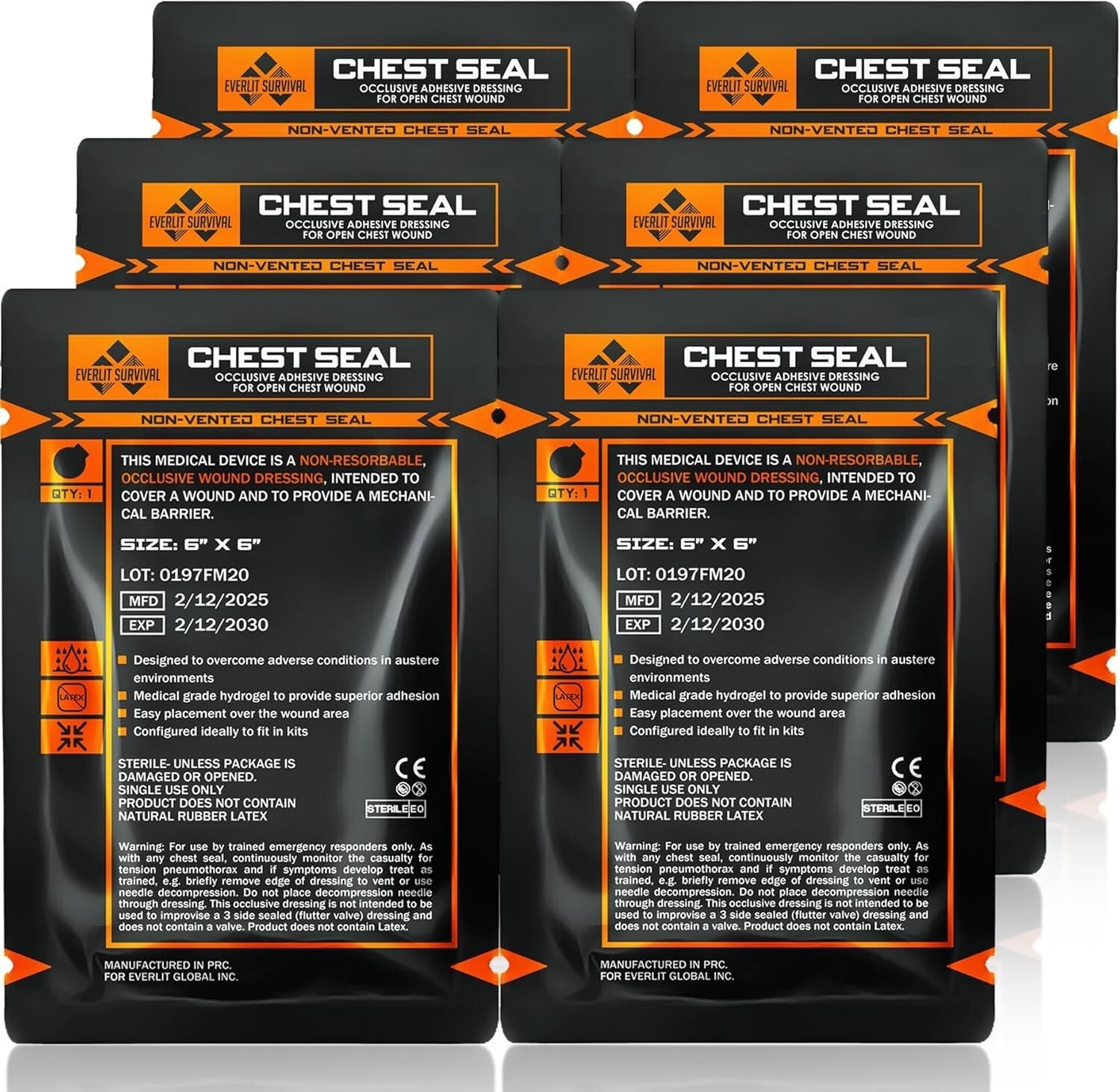 Sterile Non-Vented Chest Seal Adhesive Dressings - 6 Pack for Emergency Care