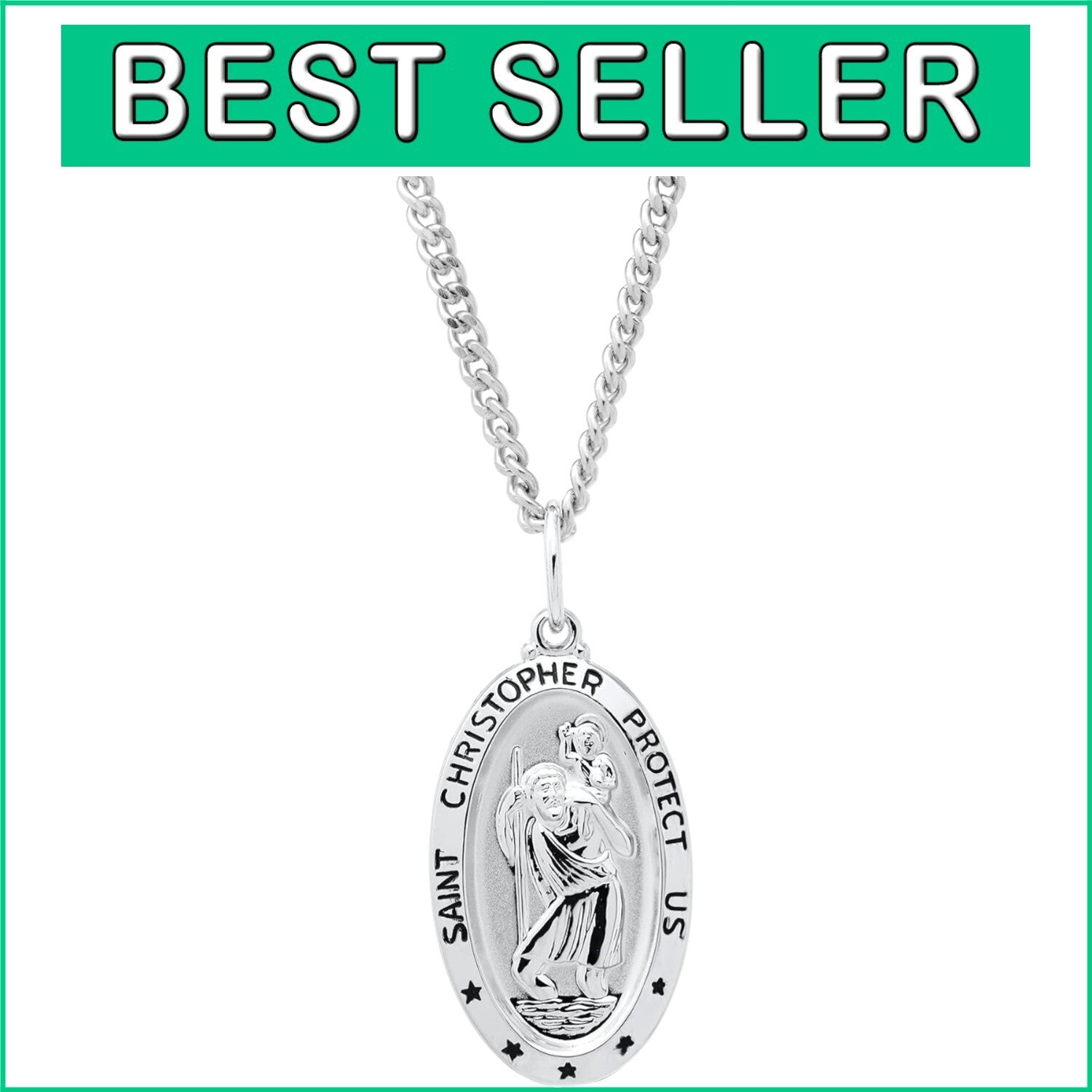 Elegant Saint Christopher Pendant Necklace in Sterling Silver - 20" Curb Chain