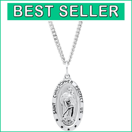 Elegant Saint Christopher Pendant Necklace in Sterling Silver - 20" Curb Chain