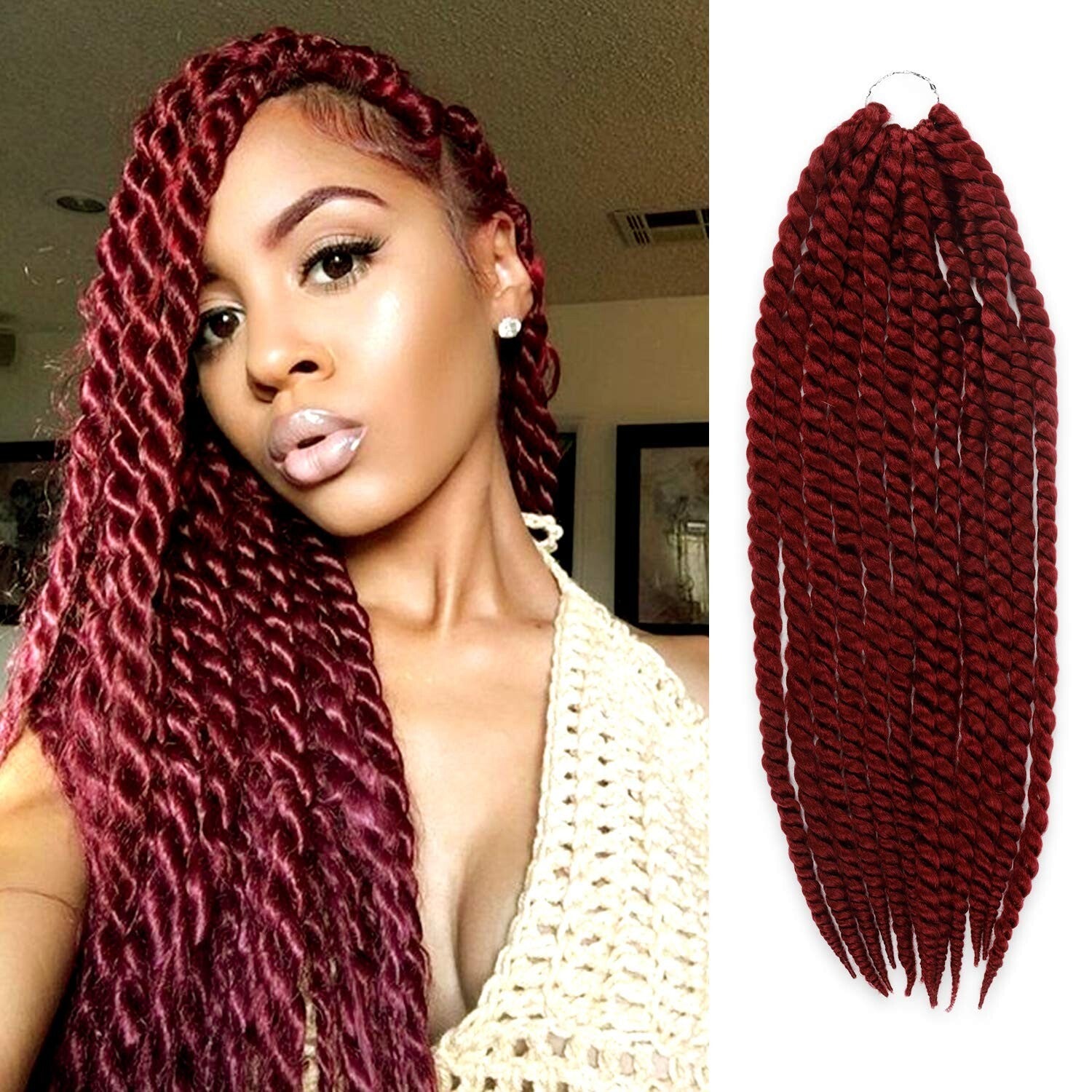 Tangle-Free Jumbo Senegalese Twist Braid Hair, 24 Inch Burgundy - 6 Pack Bundle