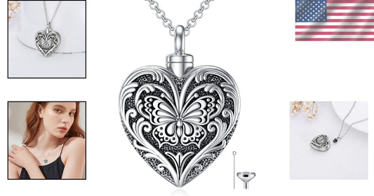 Butterfly Design Cremation Necklace for Ashes in Sterling Silver for Him & Her