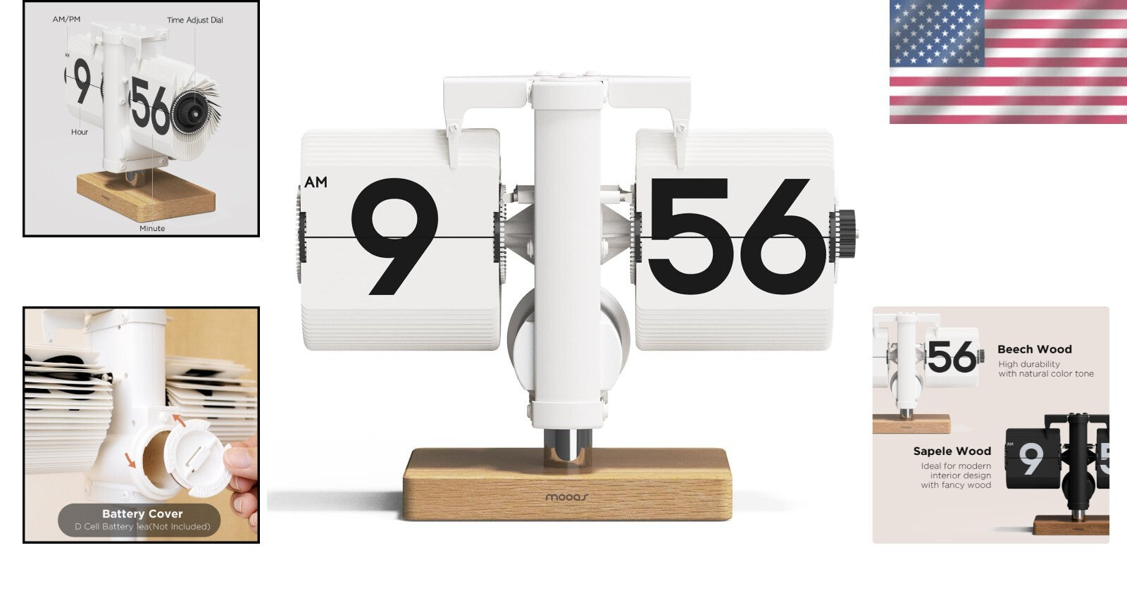 Cordless Wood Mini Flip Desk Clock with Large Numbers - Ideal for Any Setting