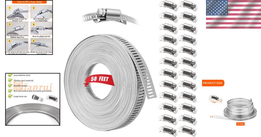 Premium 50FT Metal Strap & 24 Fasteners - Heavy-Duty Stainless Steel Hose Clamps