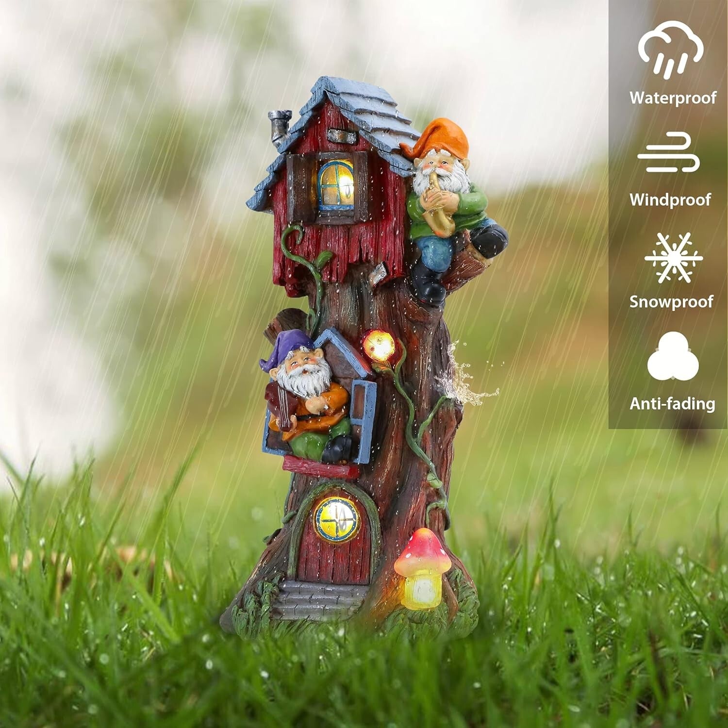 Charming 11" Gnome Treehouse with Solar Light - Perfect Garden Figurine Ornament