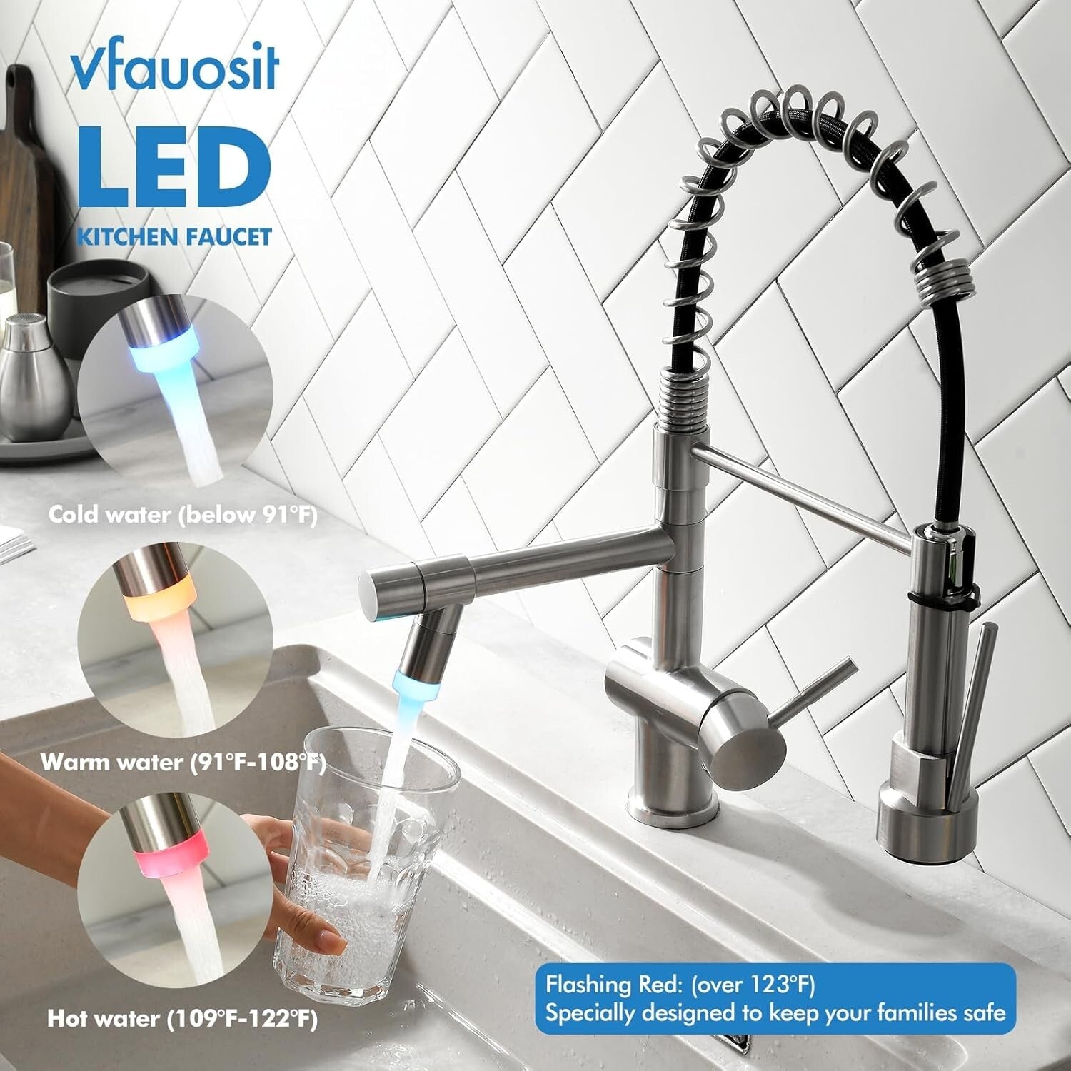 Durable Stainless Steel Kitchen Faucet with Dual Spouts & LED Temp Indicator
