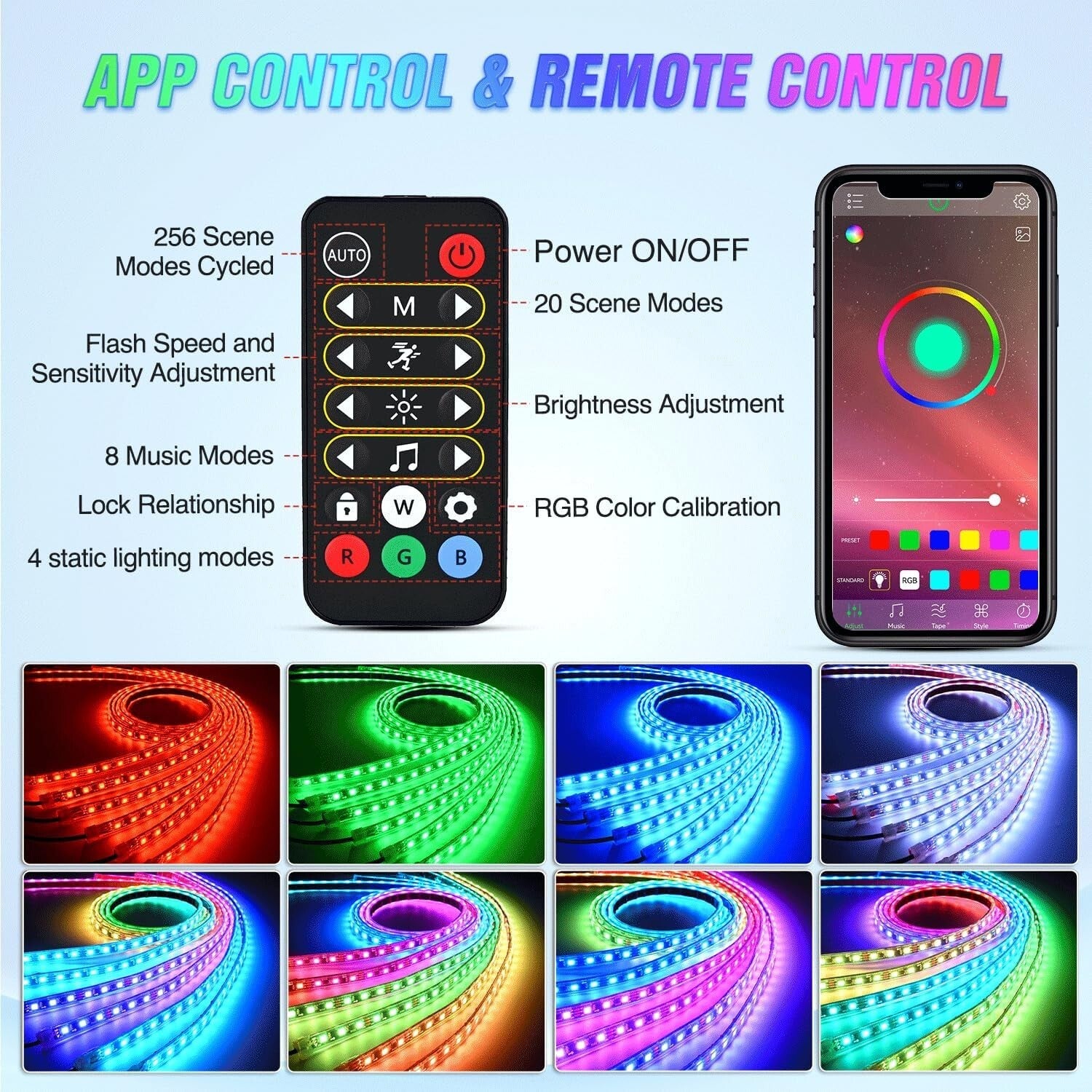 6Pcs Car Underglow LED Lights - RGB-IC Color Changing with Remote & APP Control