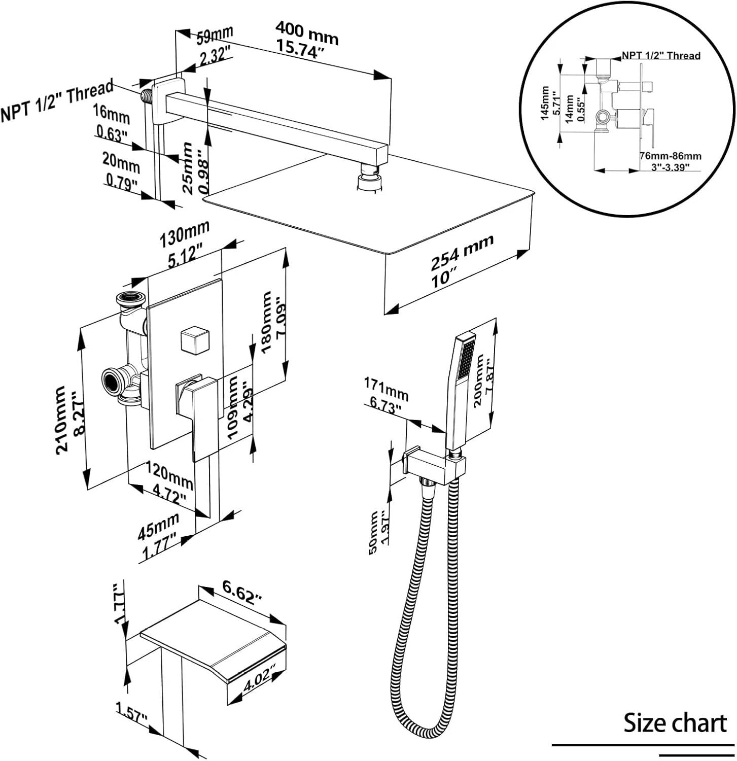 Chrome Wall-Mounted Rain Shower & Tub Spout Set with 10-Inch Head - Easy Install