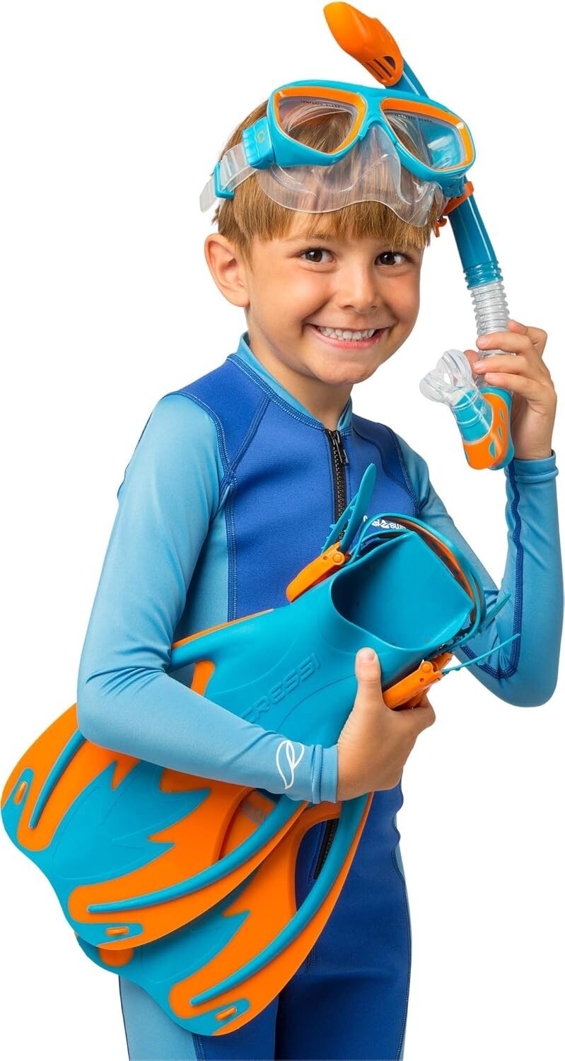 Blue/Orange Rocks Kids Snorkel Gear - Complete Mask, Fins & Splash Guard Snorkel