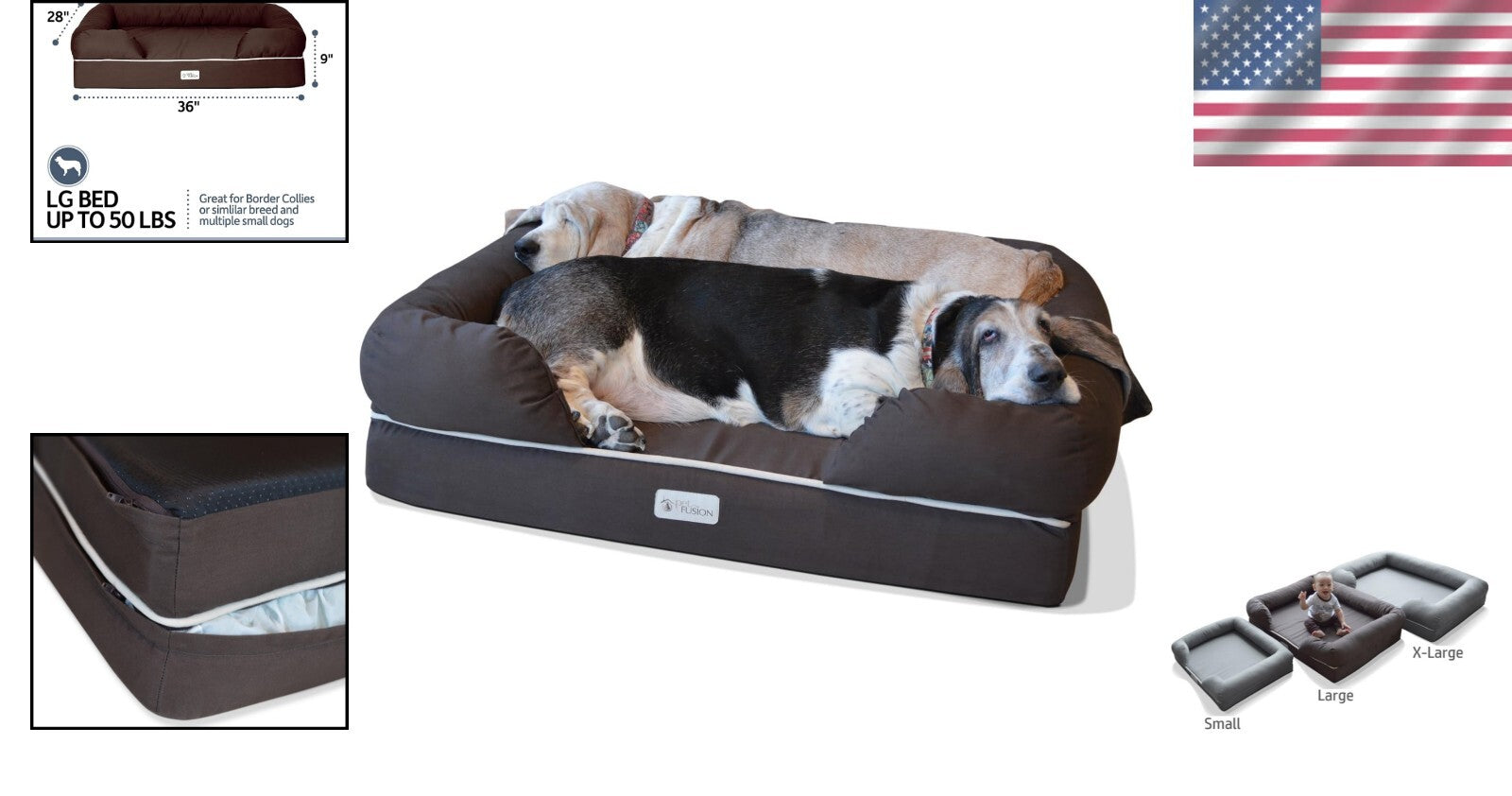 Large Orthopedic Dog Bed with Bolster - Machine Washable Cover, YKK Zippers