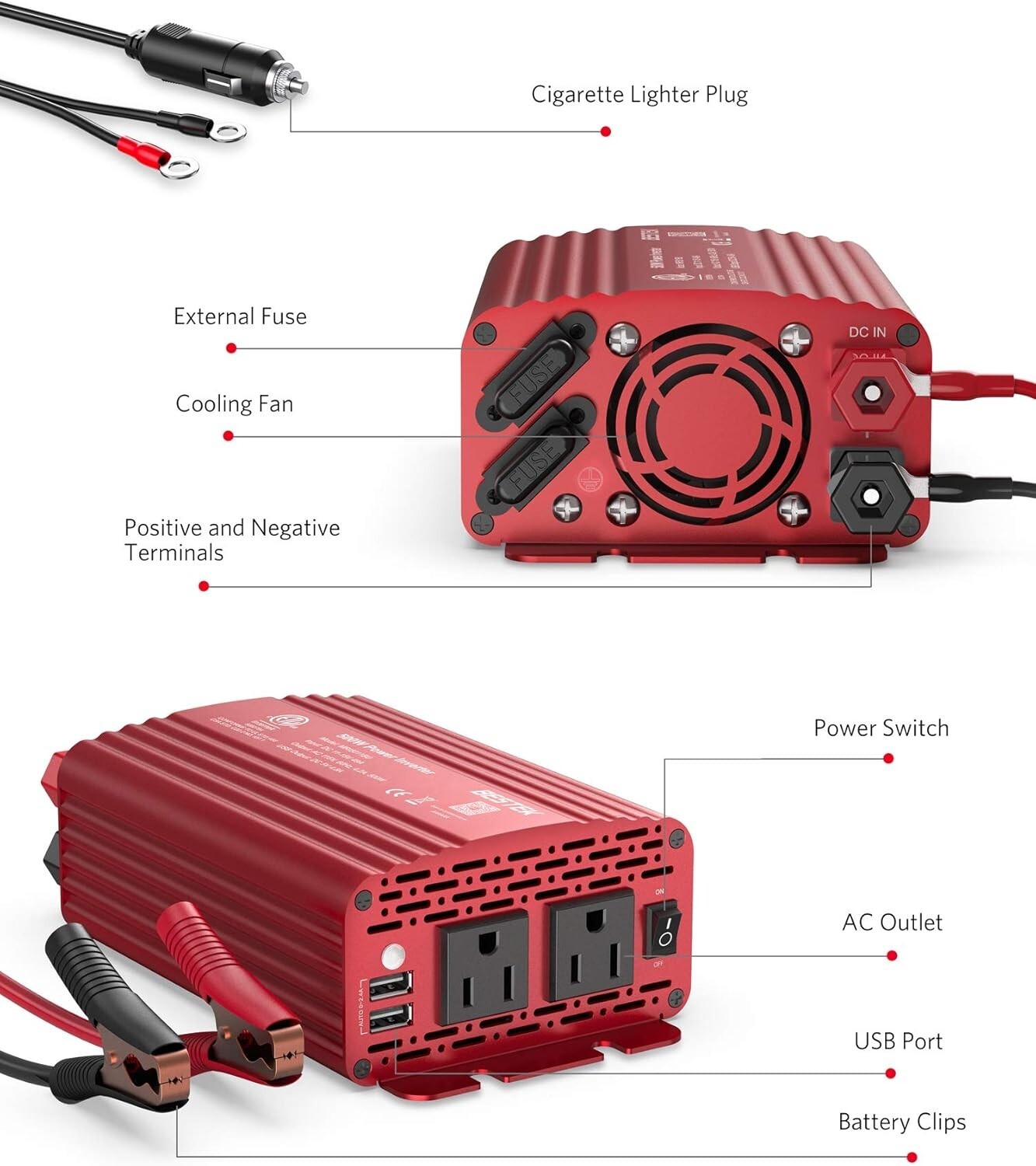Dual USB 500W Inverter with Smart Cooling Fan - Ideal for Campers & Travelers