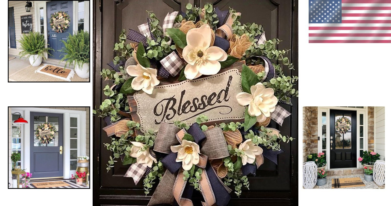 Farmhouse Magnolia Front Door Wreath with 'Blessed' Plaque for All Seasons