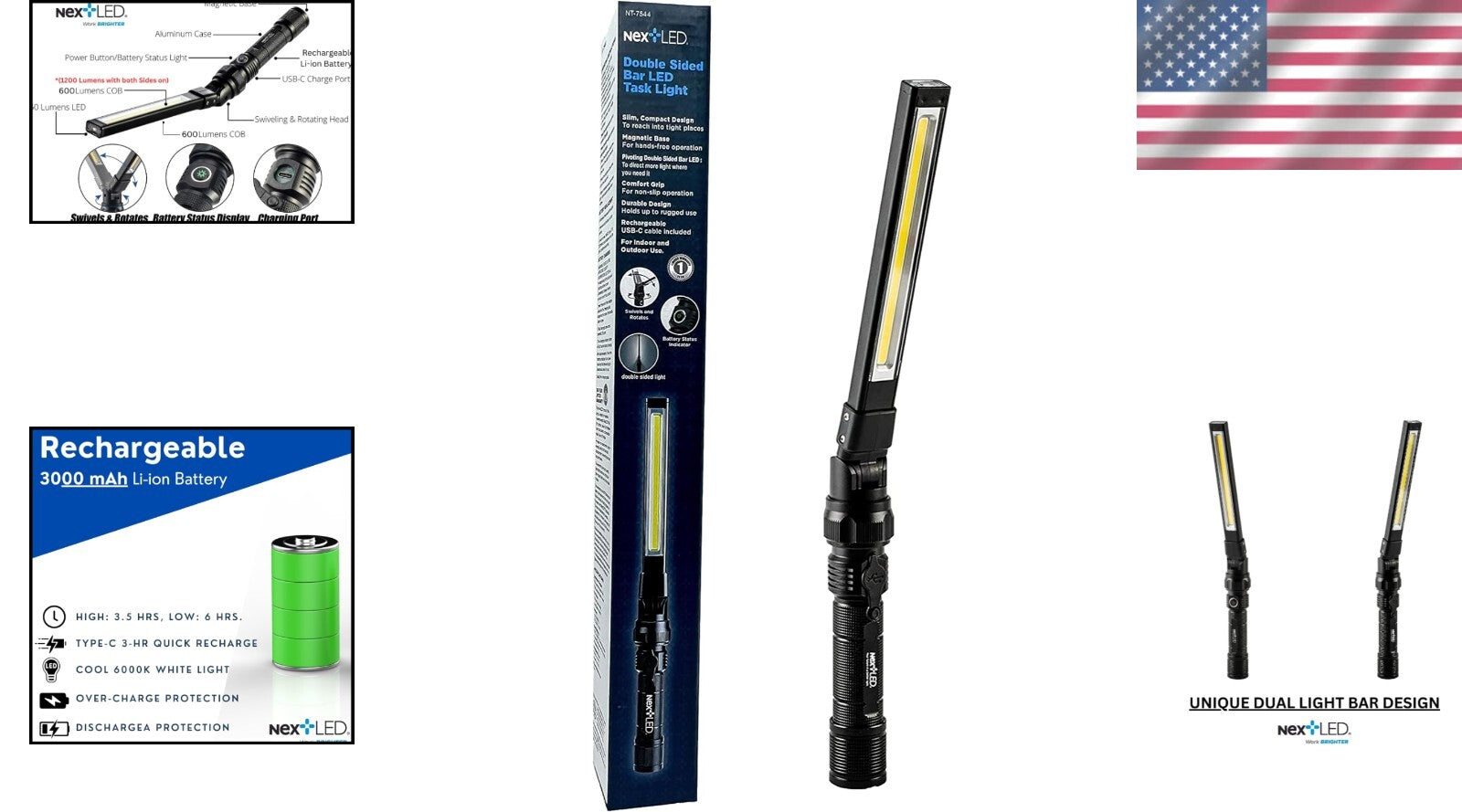 Rechargeable 1200 Lumen Magnetic Flashlight with Rotatable Head for Mechanics