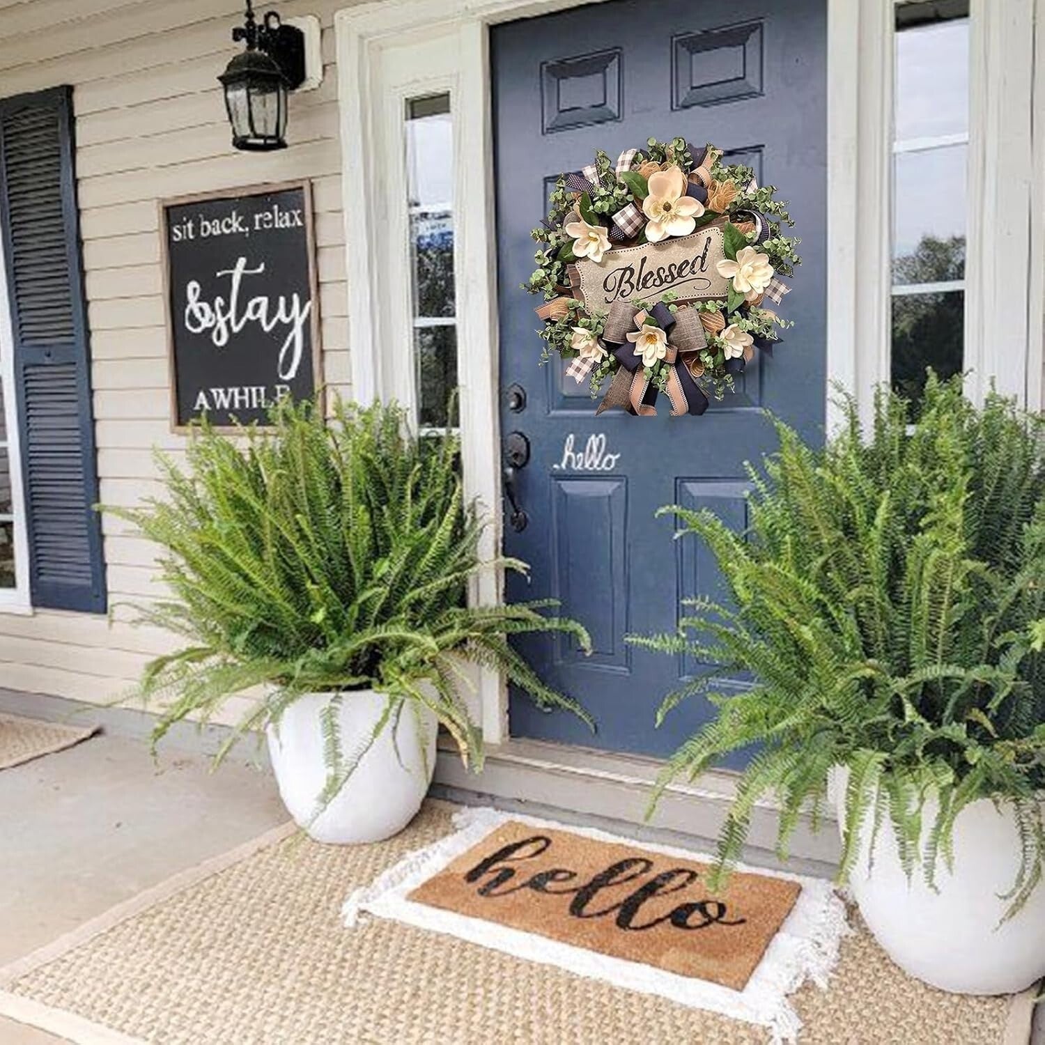 Farmhouse Magnolia Front Door Wreath with 'Blessed' Plaque for All Seasons