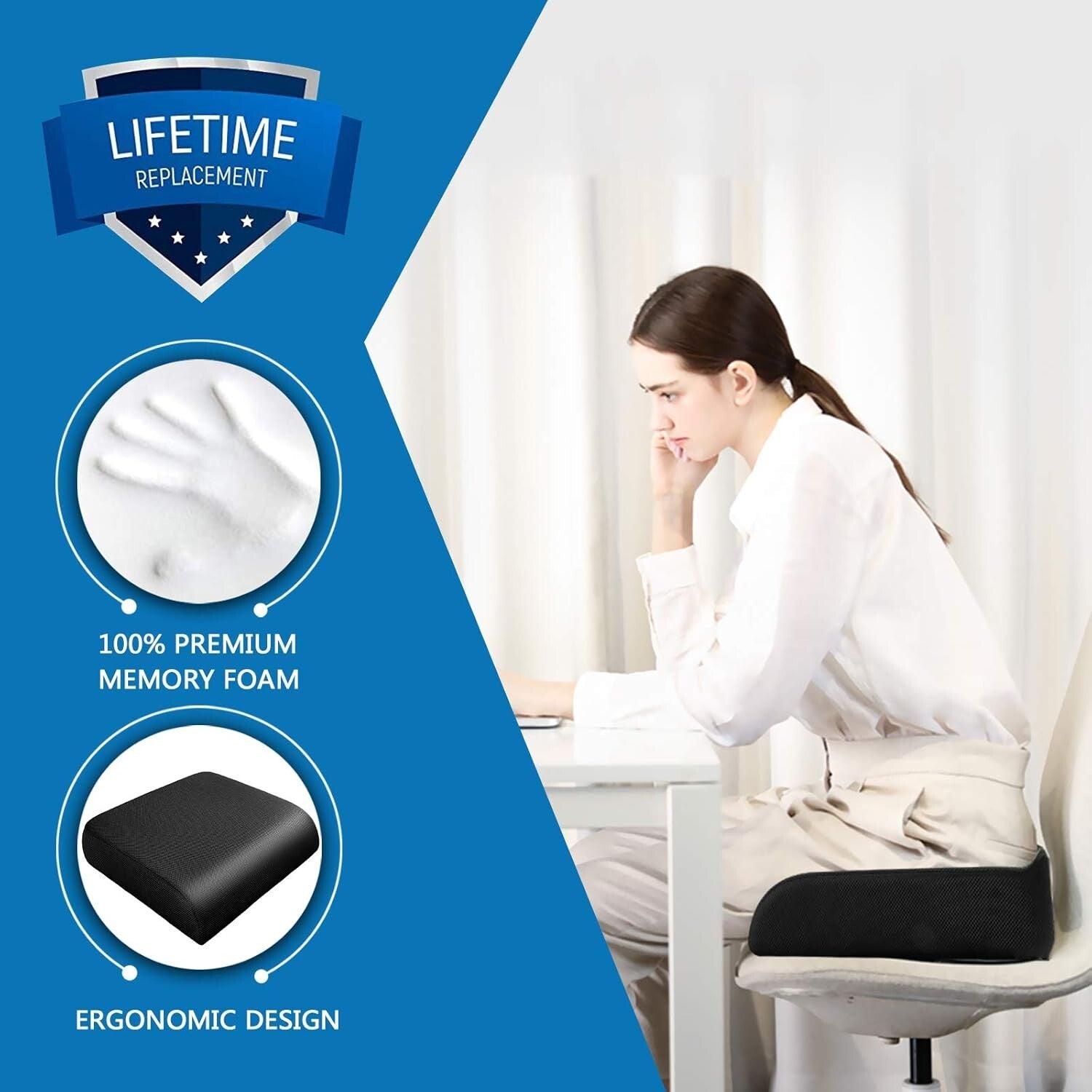 Large Rectangular Memory Foam Cushion - Comfortable Support for Office Chairs