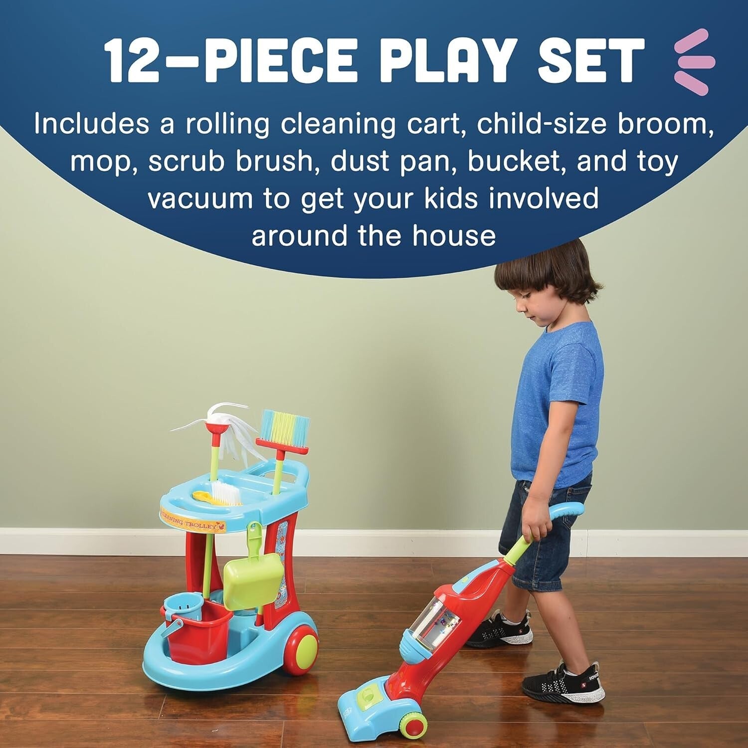 Child-Friendly Cleaning Play Set - Toy Vacuum, Trolley & Broom for Ages 3+
