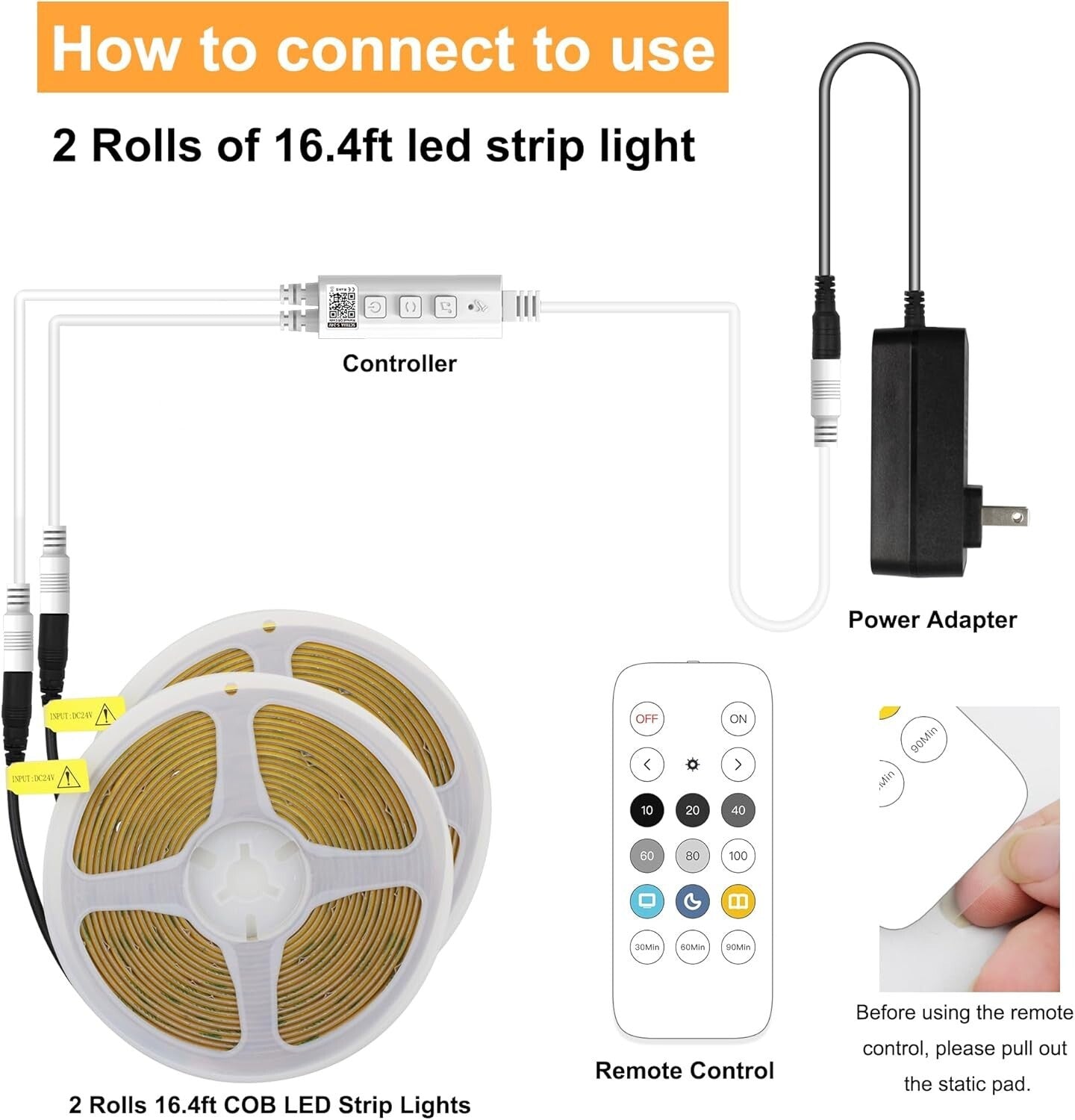 32.8ft Dimmable COB LED Strip Light - 6000K Daylight White with Remote Control