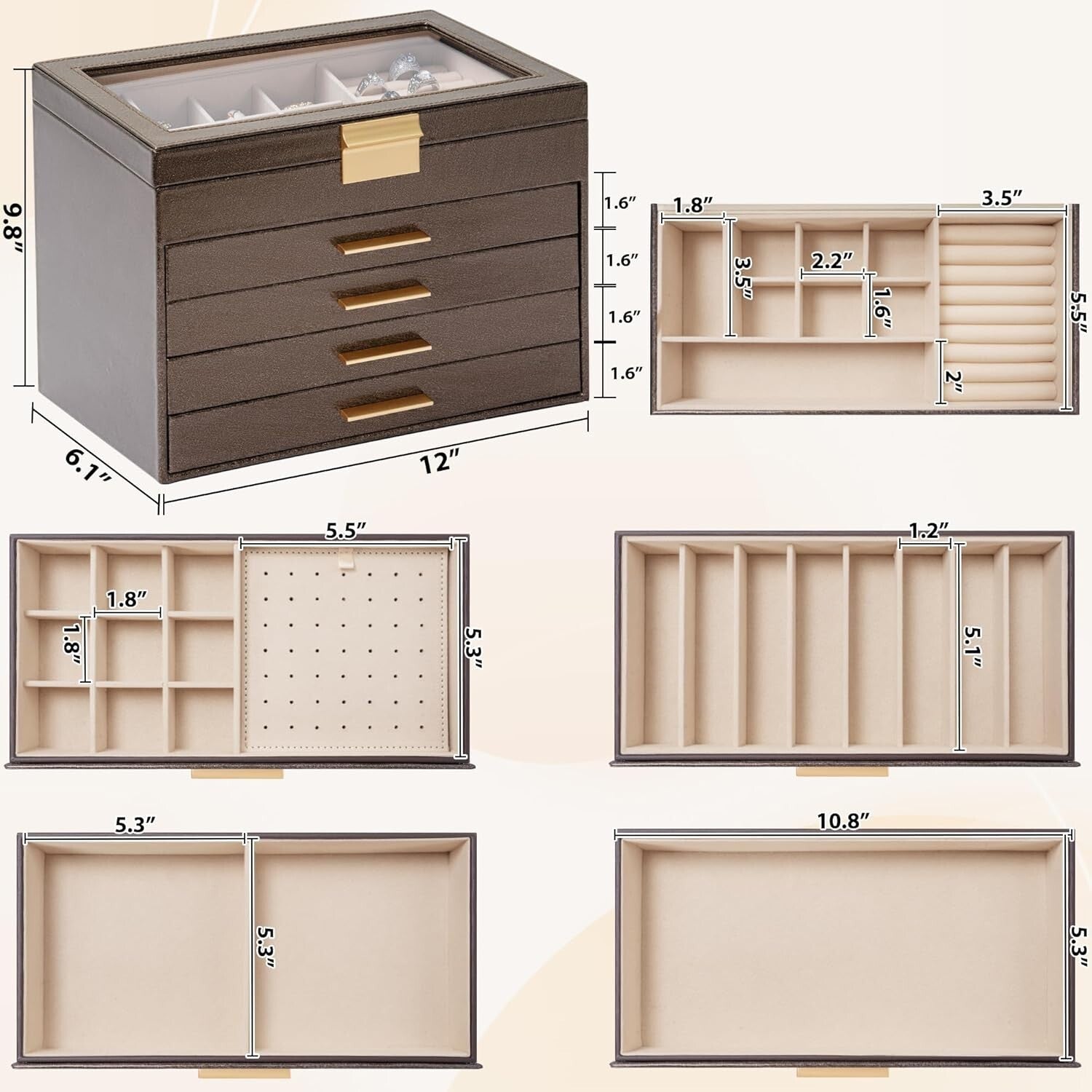 Stunning Clear Glass Lid Jewelry Box - 5-Tier Multi-Drawer Organizer for Women