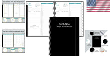 Load image into Gallery viewer, Stylish Black Planner 2025-2026 - Daily and Monthly with Comprehensive Layout