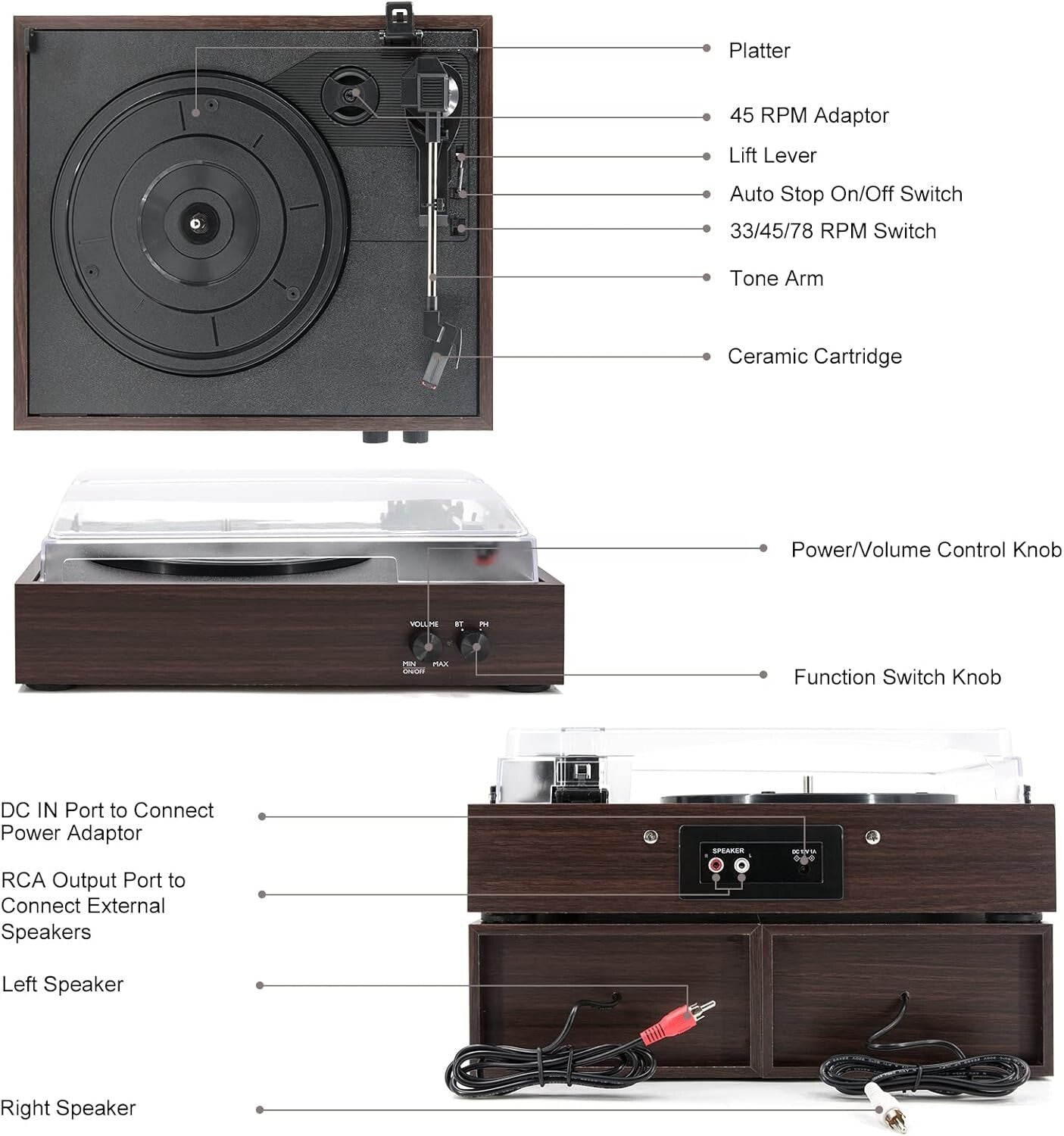 Elegant Wireless Vinyl Turntable with Auto-Stop & Stylish Speakers - Wood Finish