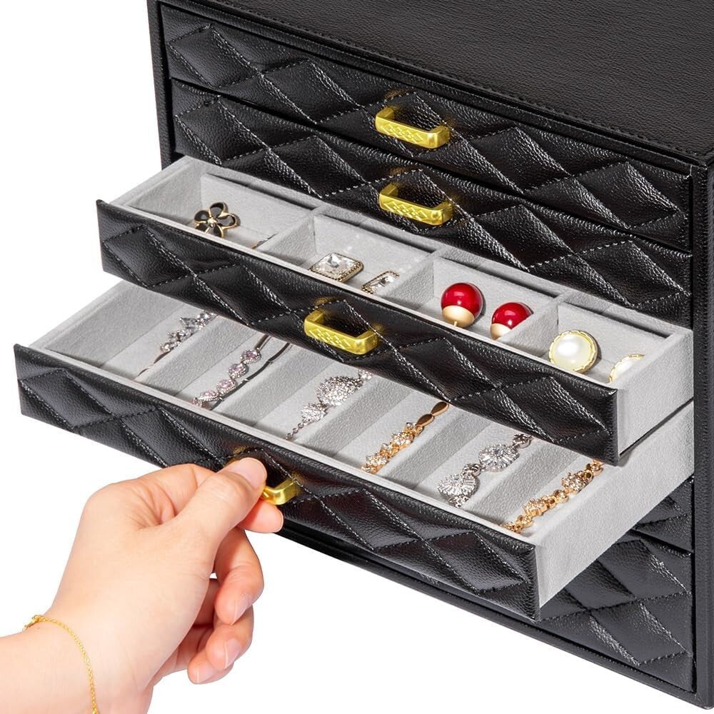 Elegant 10-Compartment Jewelry Case - Black Faux Leather with Velvet Interior