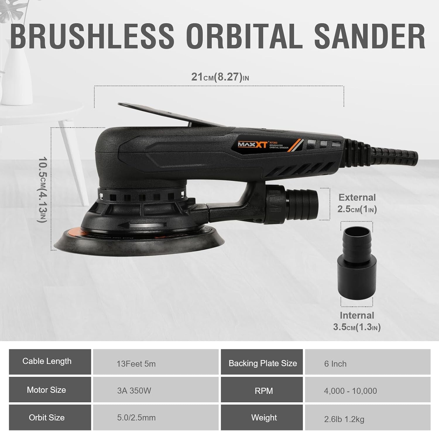 350W Electric Brushless Orbital Sander with Variable Speed & 10 Sanding Papers