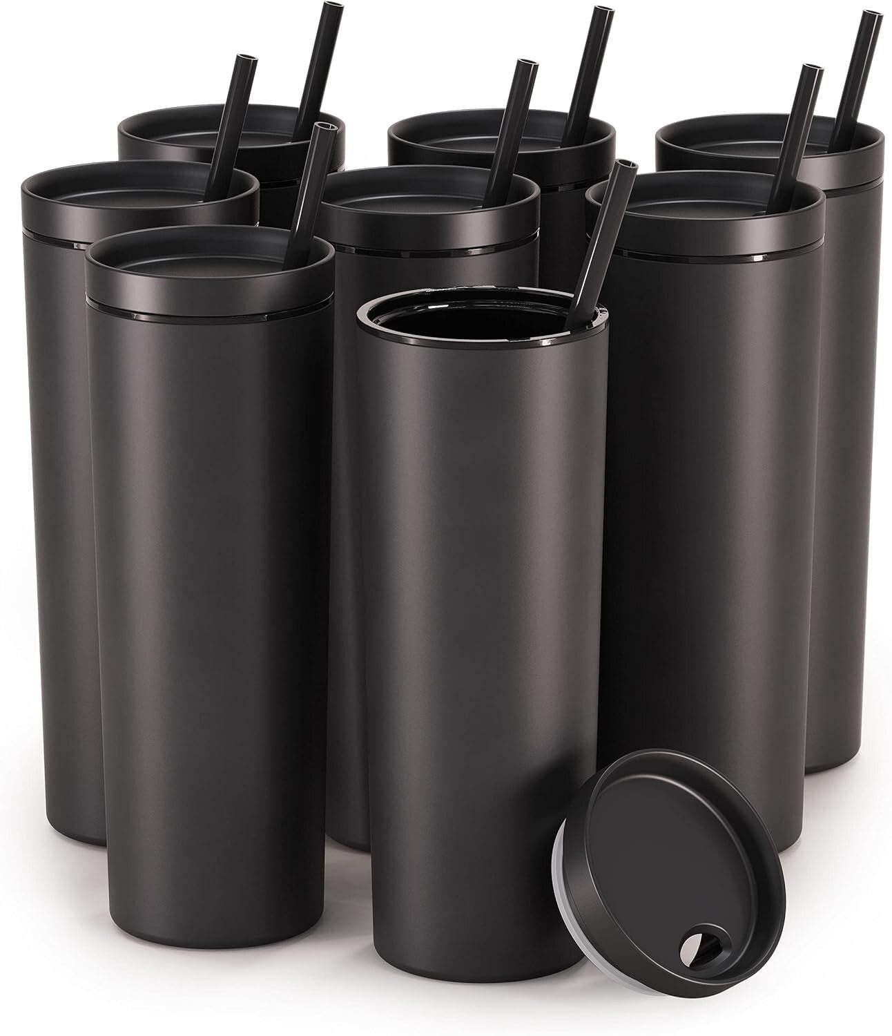 18oz Matte Black Acrylic Tumblers with Lids & Straws | 8 Pack Insulated Cups