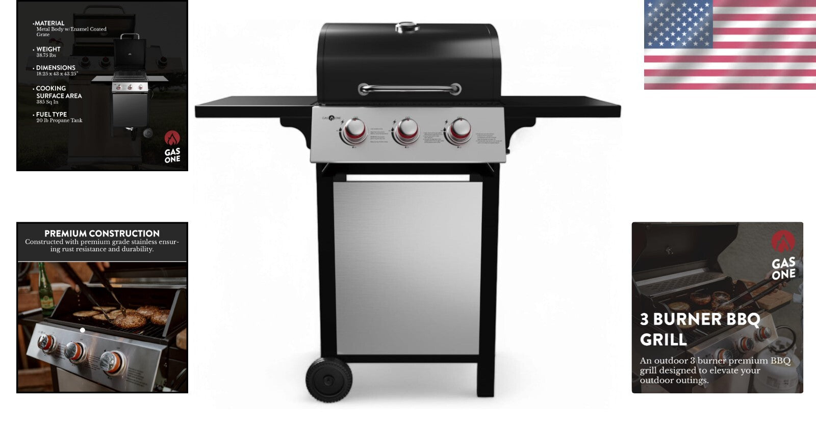 Black Stainless Steel BBQ Grill – 3 Burners with Built-In Wheels for Easy Use