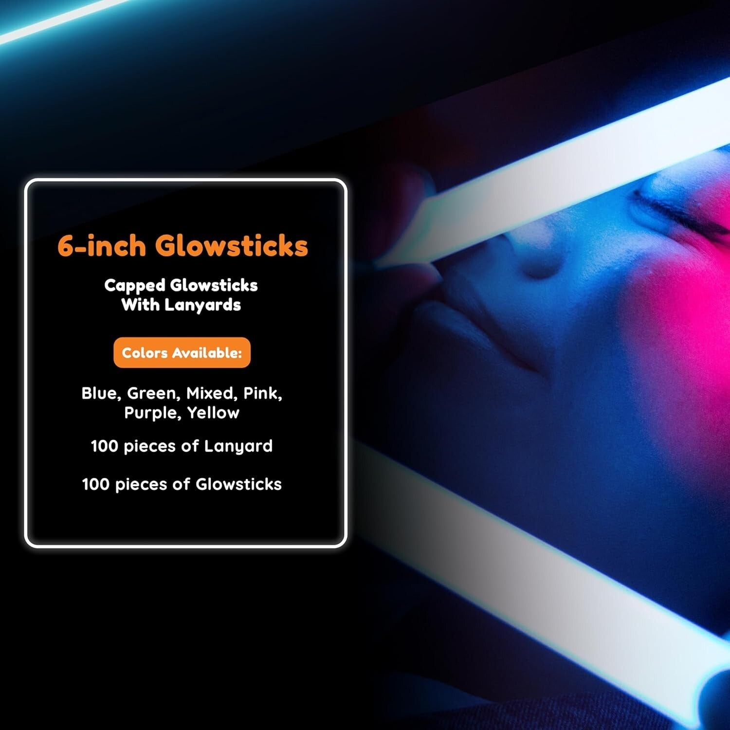 Glow in The Dark Sticks 100 ct - Vibrant 6" Party Pack with Lanyards & Caps