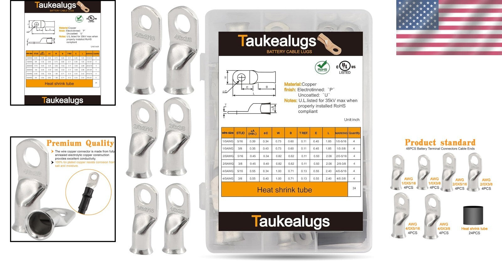 48PCS UL Certified Copper Cable Ends Kit - AWG 1/0 2/0 4/0 with Shrink Tubing