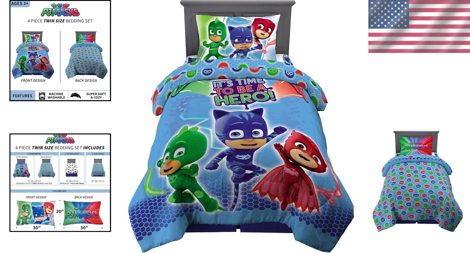 Twin Size PJ Masks Reversible Comforter and Sheet Set - 4 Piece Adventure Set