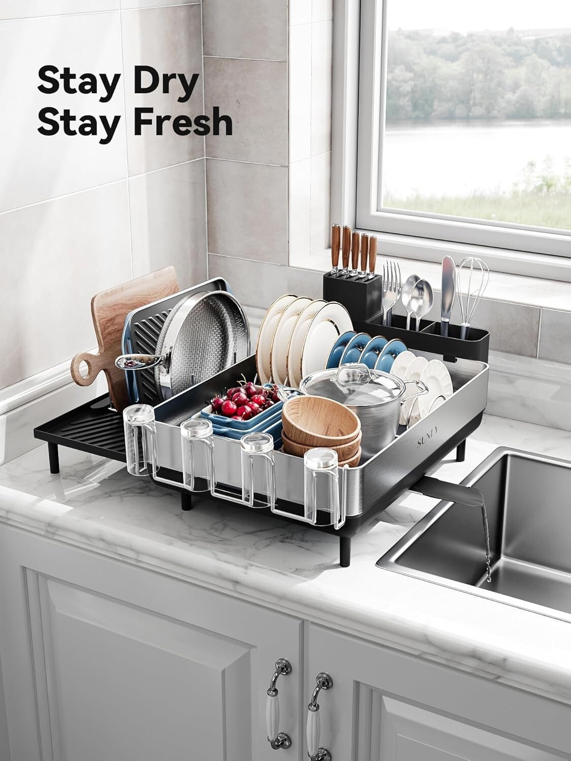 Black Expandable Dish Rack with Flip-Up Holders - 304 Stainless Steel Durability