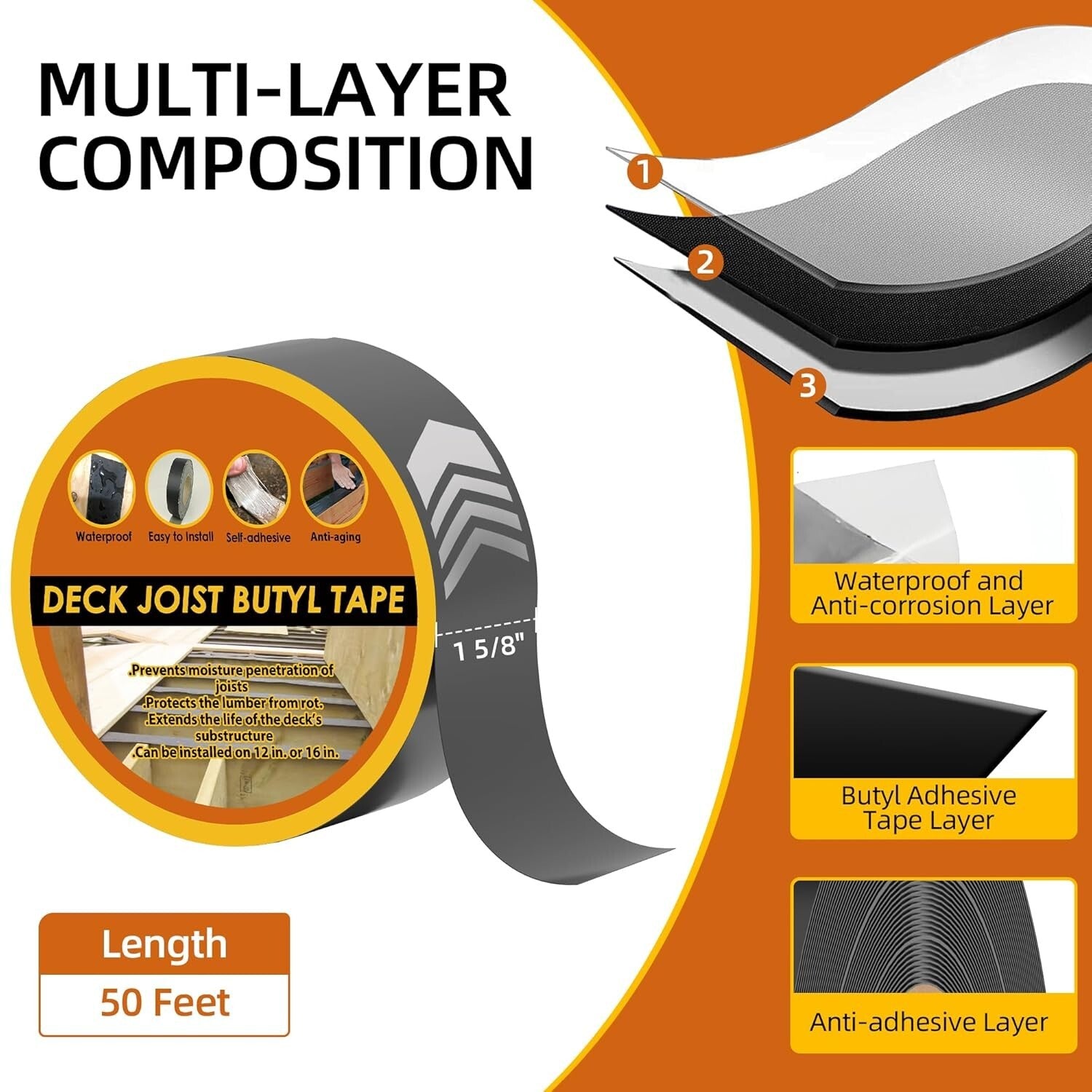 12 Pack Waterproof Deck Joist Tape 1-5/8'' x 50' - Ultimate Protection for Decks