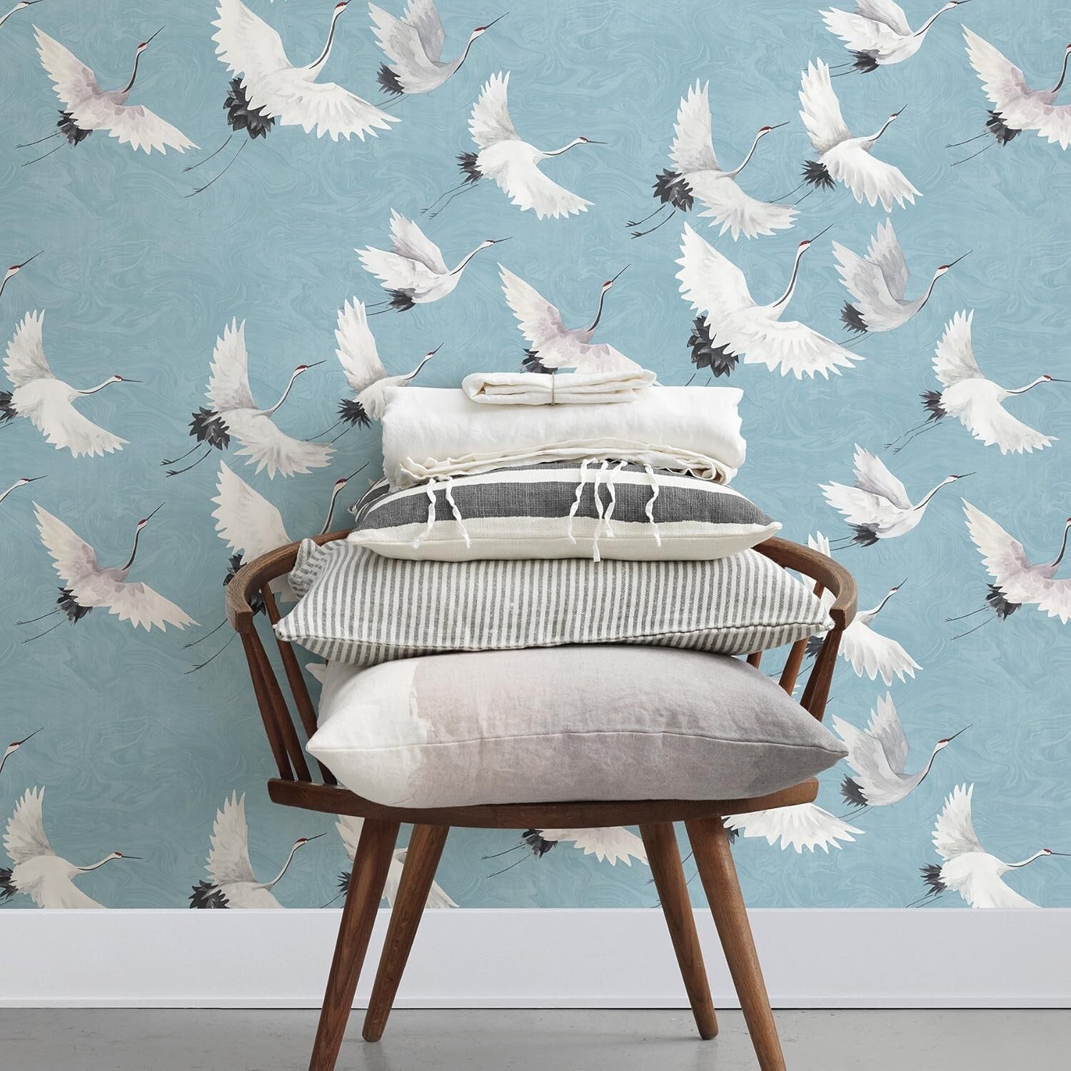 Elegant Halcyon Blue Peel & Stick Wallpaper with Crane Design - 20.5'' x 216''