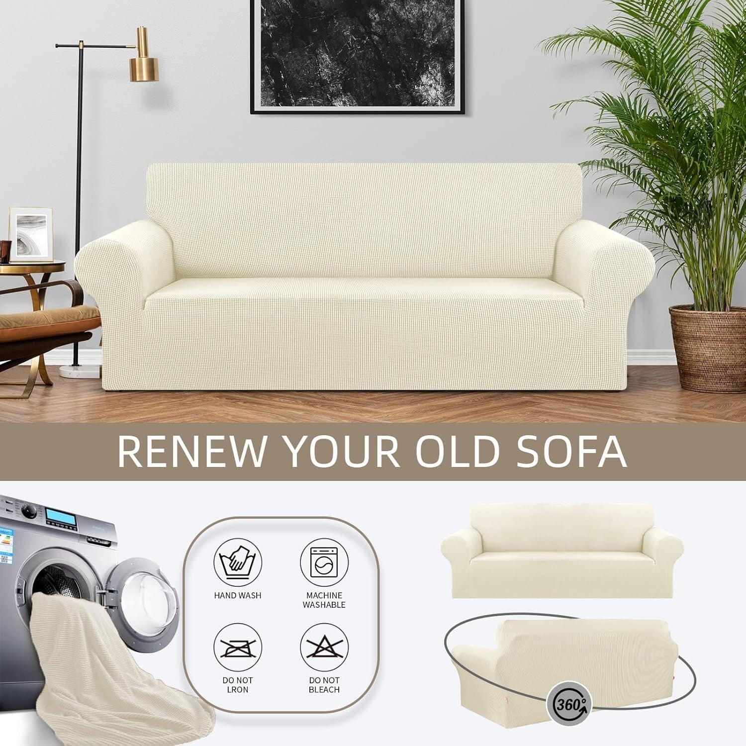 Wrinkle-Resistant Stretch Sofa Slipcover - Beige for Kids and Pet-Friendly Homes