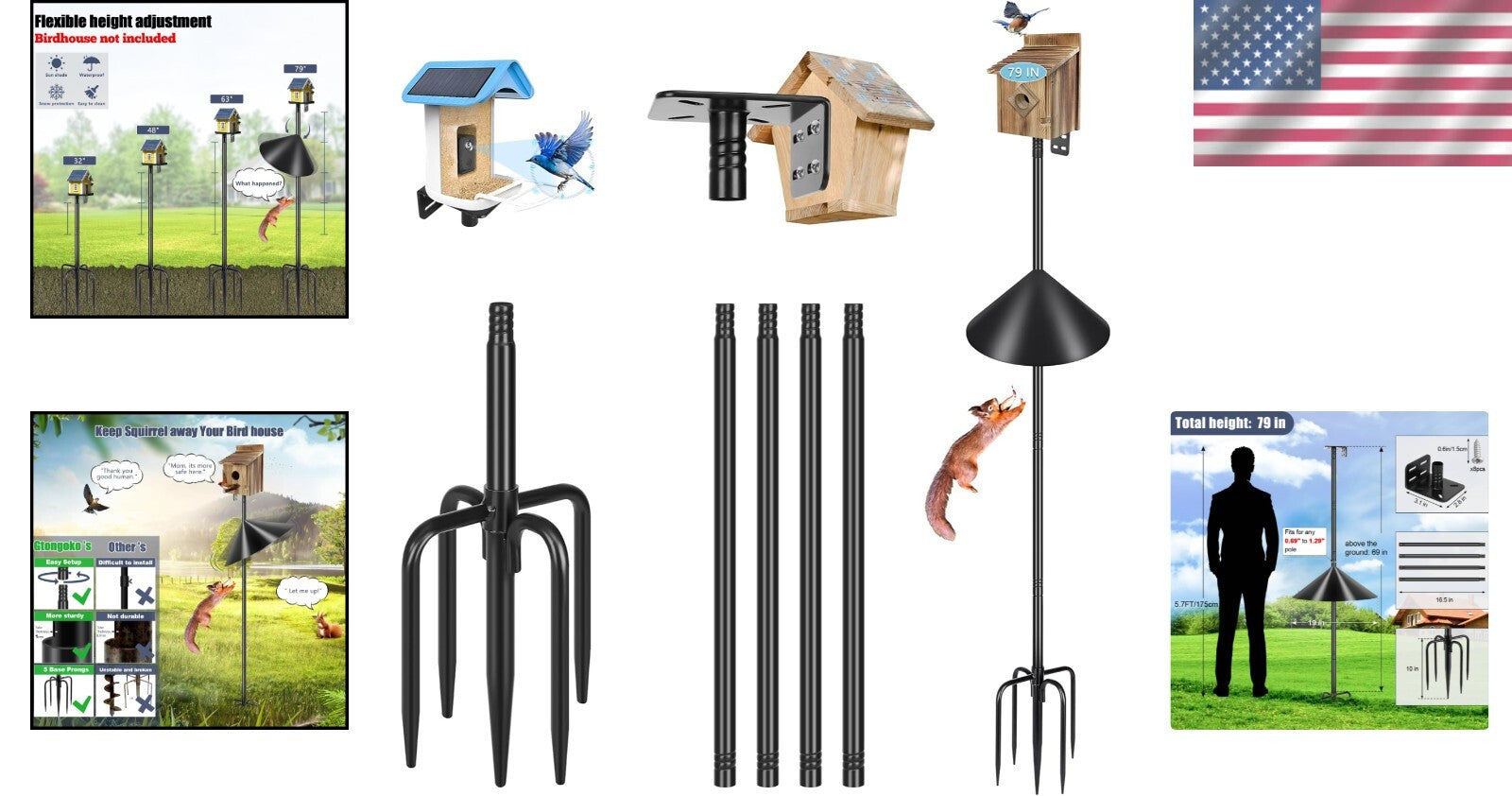 Black Freestanding Bird Feeder Pole with 19-Inch Squirrel Baffle - 79 Inches