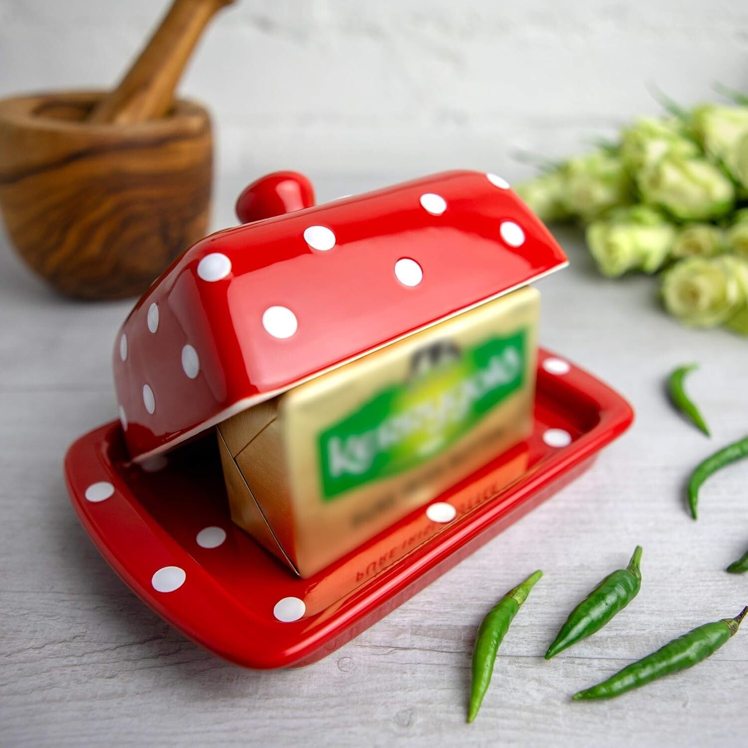 Charming Red Polka Dot Butter Keeper with Lid - Practical Kitchen Accessory