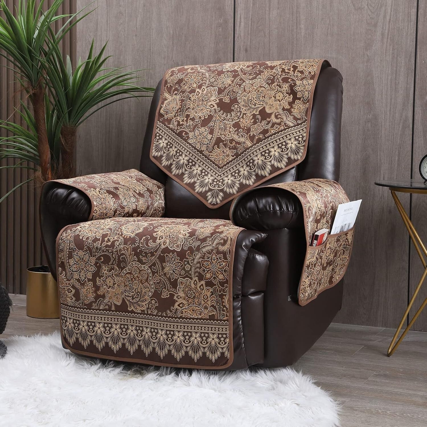 Elegant Waterproof Recliner Chair Covers with Non-Slip Design & Pockets - Brown
