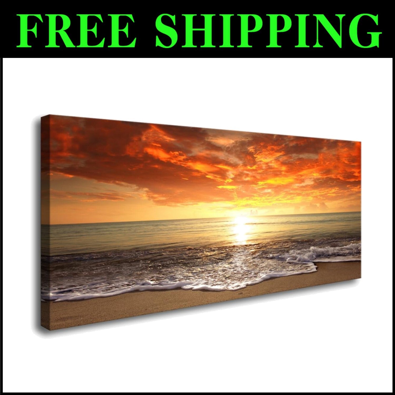 Elegant Framed Ocean Sunset Giclee Artwork - Ready to Hang 20x40 Inch Canvas