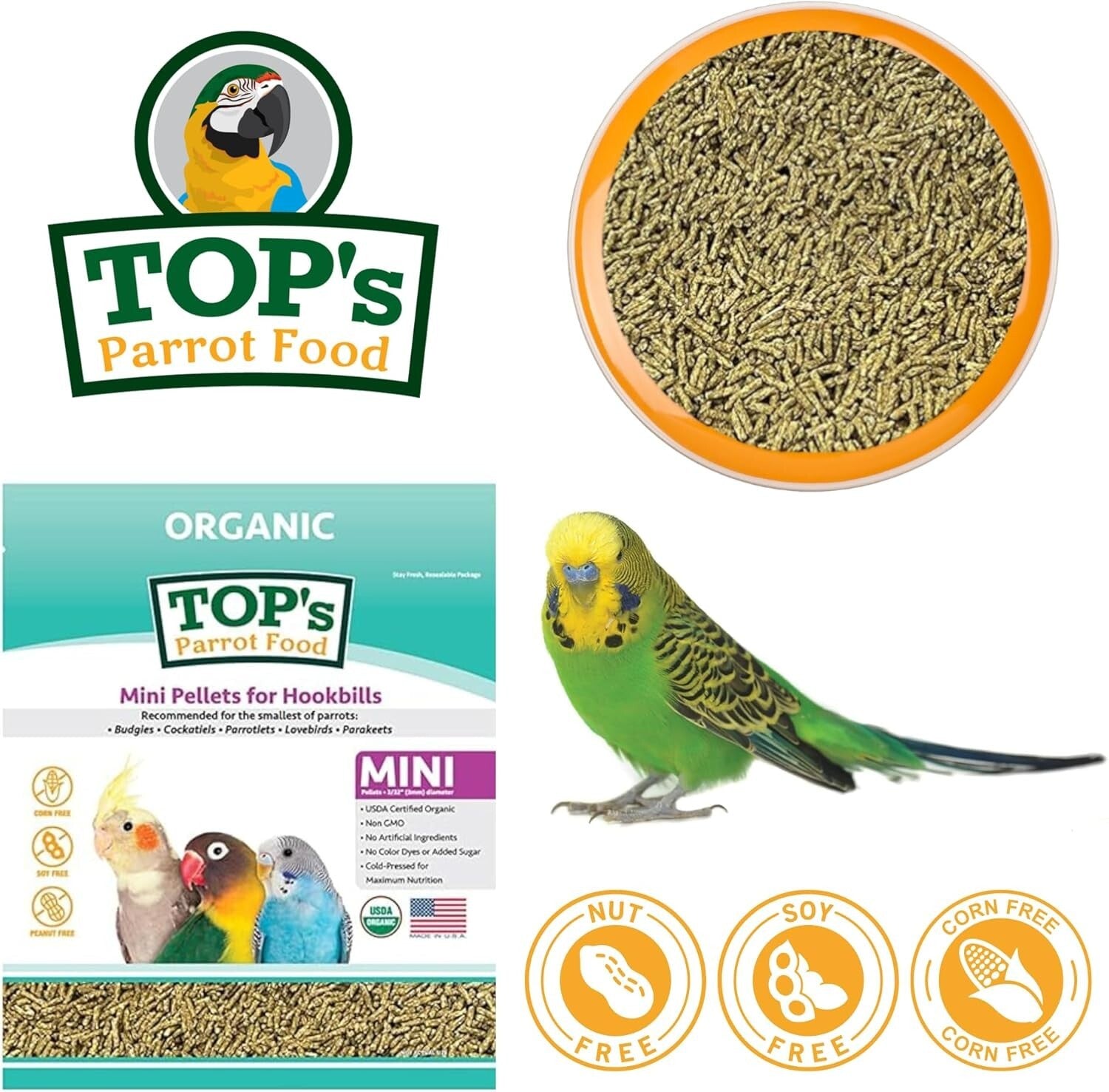 USDA Certified Organic Mini Pellets Bird Food for Budgies & Lovebirds - 25 lbs