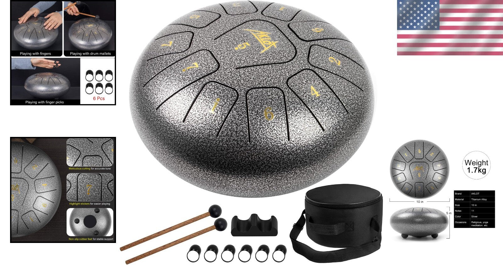 10-Inch Titanium Alloy Steel Tongue Drum with Mallets & Carry Bag - C Key