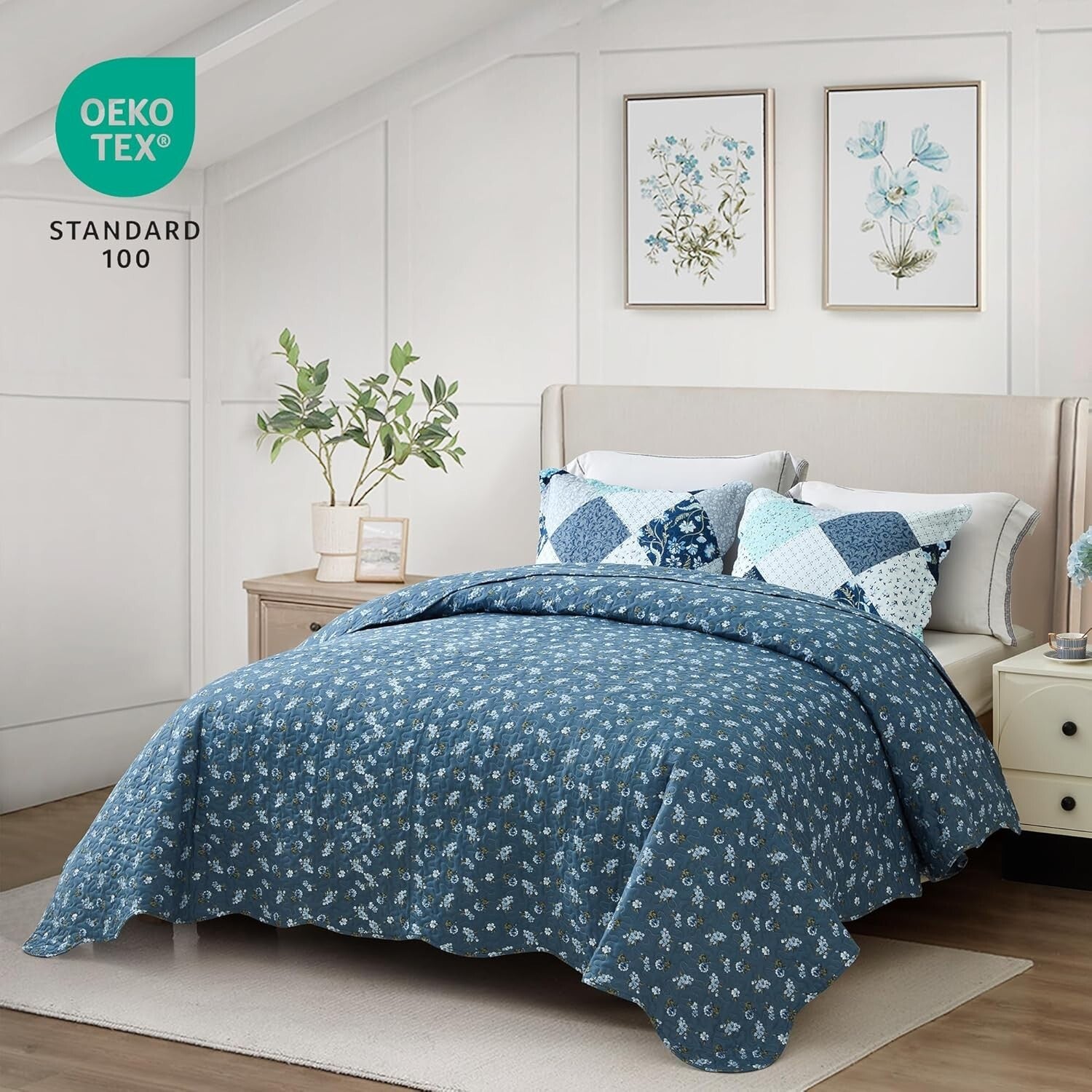 Luxury King Size Quilt Set - Lightweight Floral Bedspread with Scalloped Edge