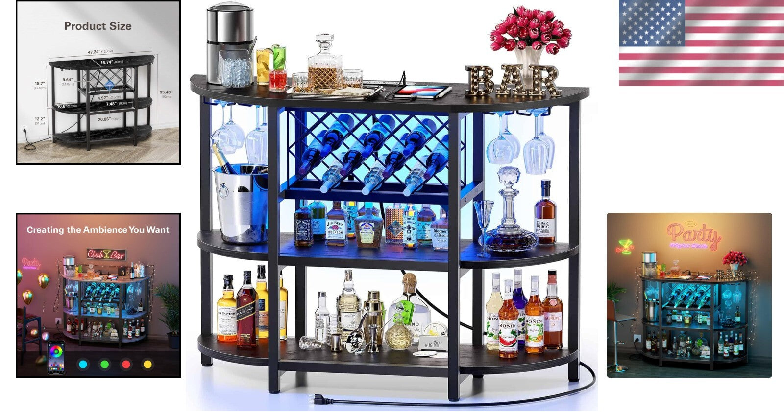 Compact Black Mini Bar Cabinet with RGB Lights and Built-in Charging Station